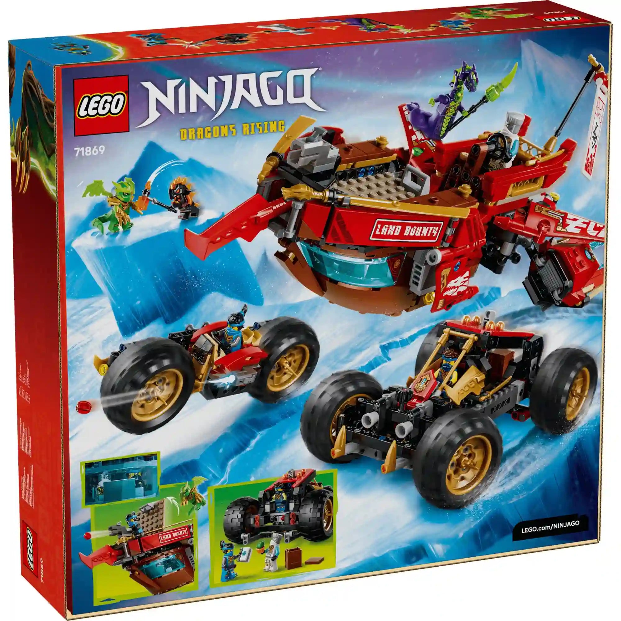 LEGO NINJAGO Dragons Rising A föld adománya 71869 készlet hátoldali dobozképe, amely bemutatja a 3 az 1-ben funkciókat és a jármű átalakításait.