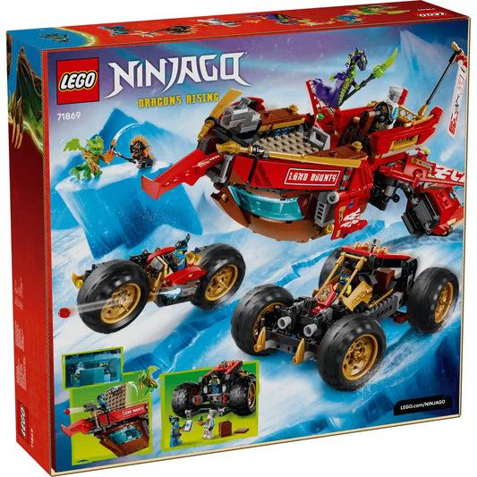 LEGO NINJAGO Dragons Rising A föld adománya 71869 készlet hátoldali dobozképe, amely bemutatja a 3 az 1-ben funkciókat és a jármű átalakításait.