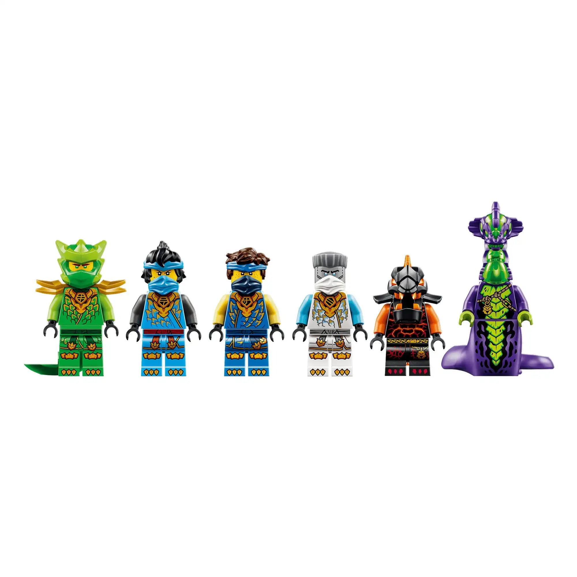 LEGO NINJAGO 71869 készlet hat minifigurája: Lloyd, Jay, Nya, Zane, Maró szörny és Tűzszörny részletgazdag páncélokkal és fegyverekkel.