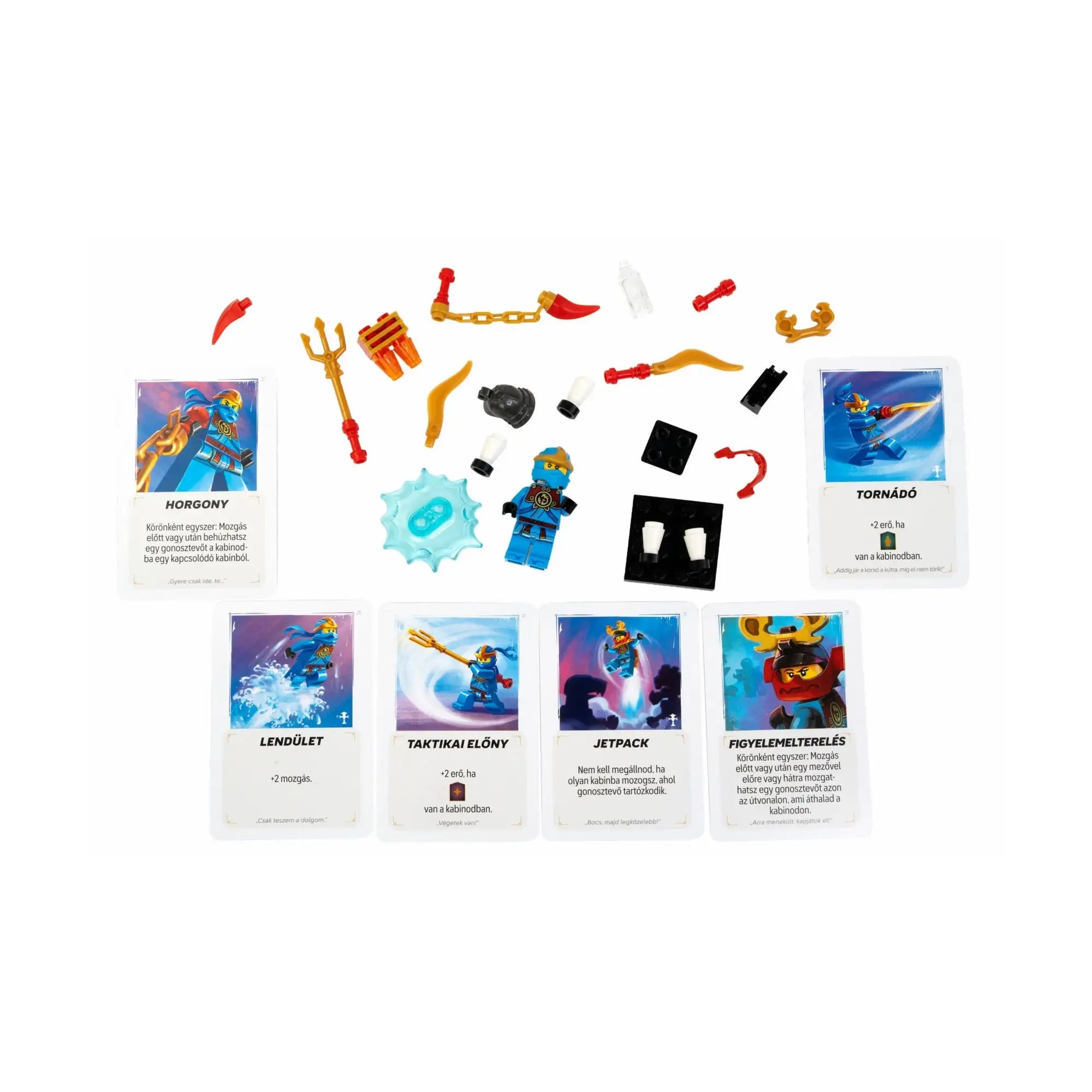 Nya LEGO NINJAGO minifigura fegyverekkel és képességkártyákkal.
