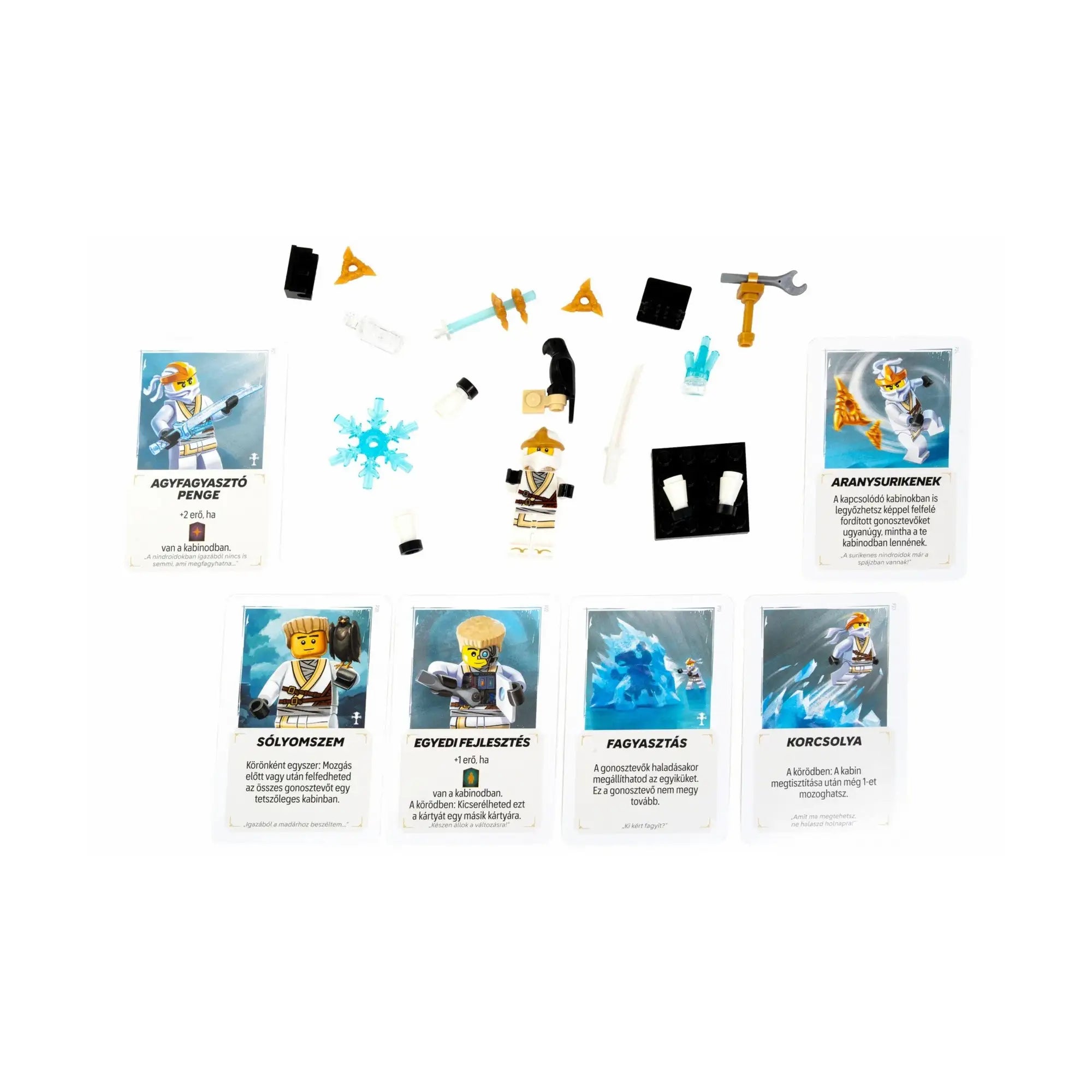 Zane LEGO NINJAGO minifigura felszerelésekkel és képességkártyákkal.