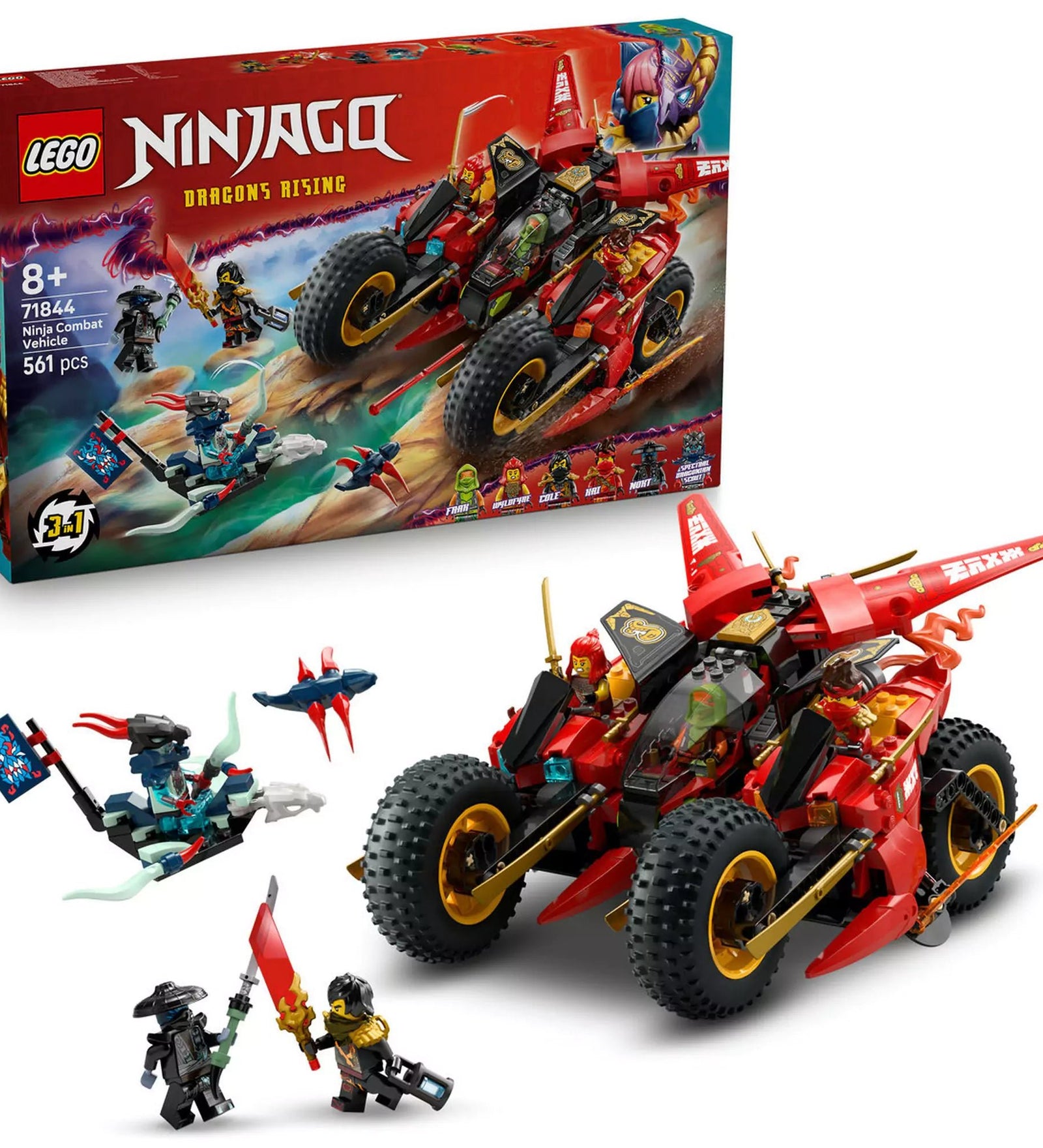 LEGO Ninjago: Harci nindzsajármű 71844 doboz és a teljesen összeállított jármű, körülötte a minifigurákkal.