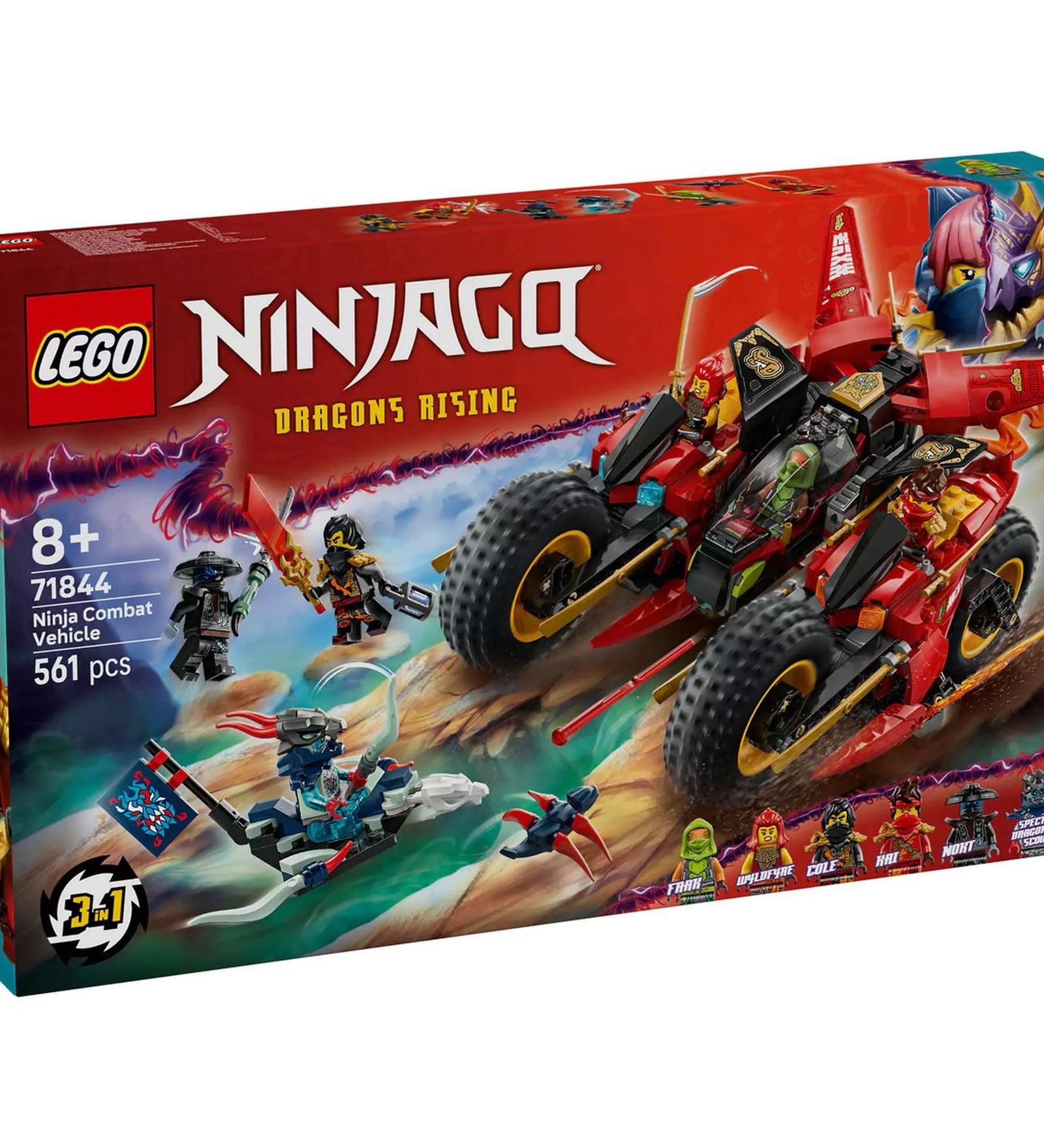 Dobozkép a LEGO Ninjago: Harci nindzsajármű 71844 készletről, amelyen a három az egyben jármű és a hat minifigura látható.