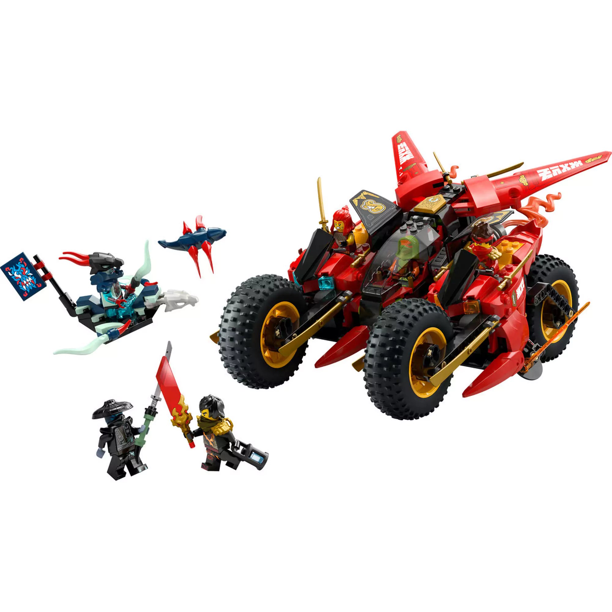 A LEGO Ninjago: Harci nindzsajármű 71844 harci jelenetben, a járművekkel és a hat különféle minifigurával.