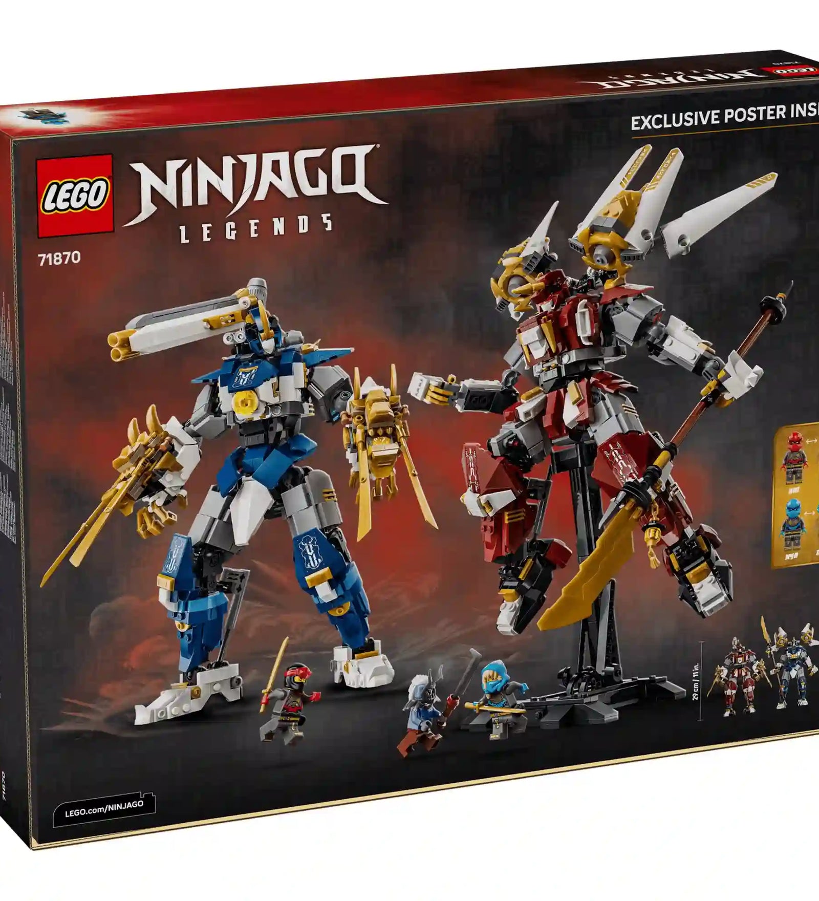 LEGO NINJAGO Legends Iker titánpáncélok 71870 készlet hátoldali dobozképe, amely bemutatja a robotok funkcióit, minifiguráit és méreteit.