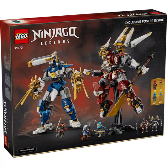 LEGO NINJAGO Legends Iker titánpáncélok 71870 készlet hátoldali dobozképe, amely bemutatja a robotok funkcióit, minifiguráit és méreteit.