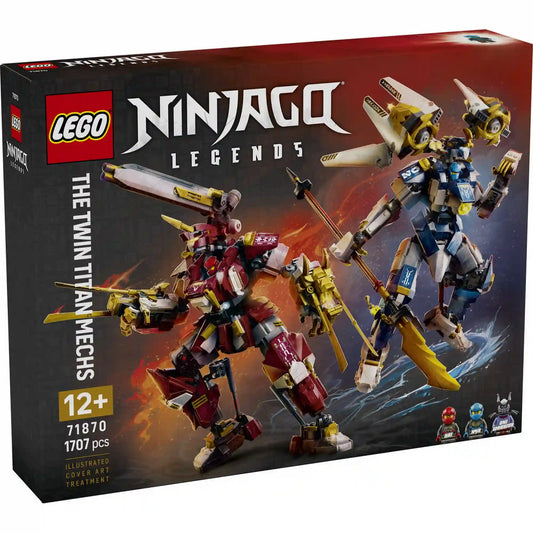 LEGO NINJAGO Legends Iker titánpáncélok 71870 készlet dobozképe Kai és Nya hatalmas robotpáncéljaival egy epikus összecsapás közepén.