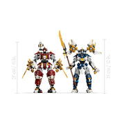 LEGO NINJAGO Iker titánpáncélok 71870 robotfigurák méretaránnyal, amely bemutatja a 26 cm magas Kai és Nya titánpáncélokat.