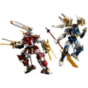 LEGO NINJAGO Iker titánpáncélok 71870 készlet két részletgazdag, mozgatható robotfigurával, Kai és Nya titánpáncéljaival, fehér háttéren.