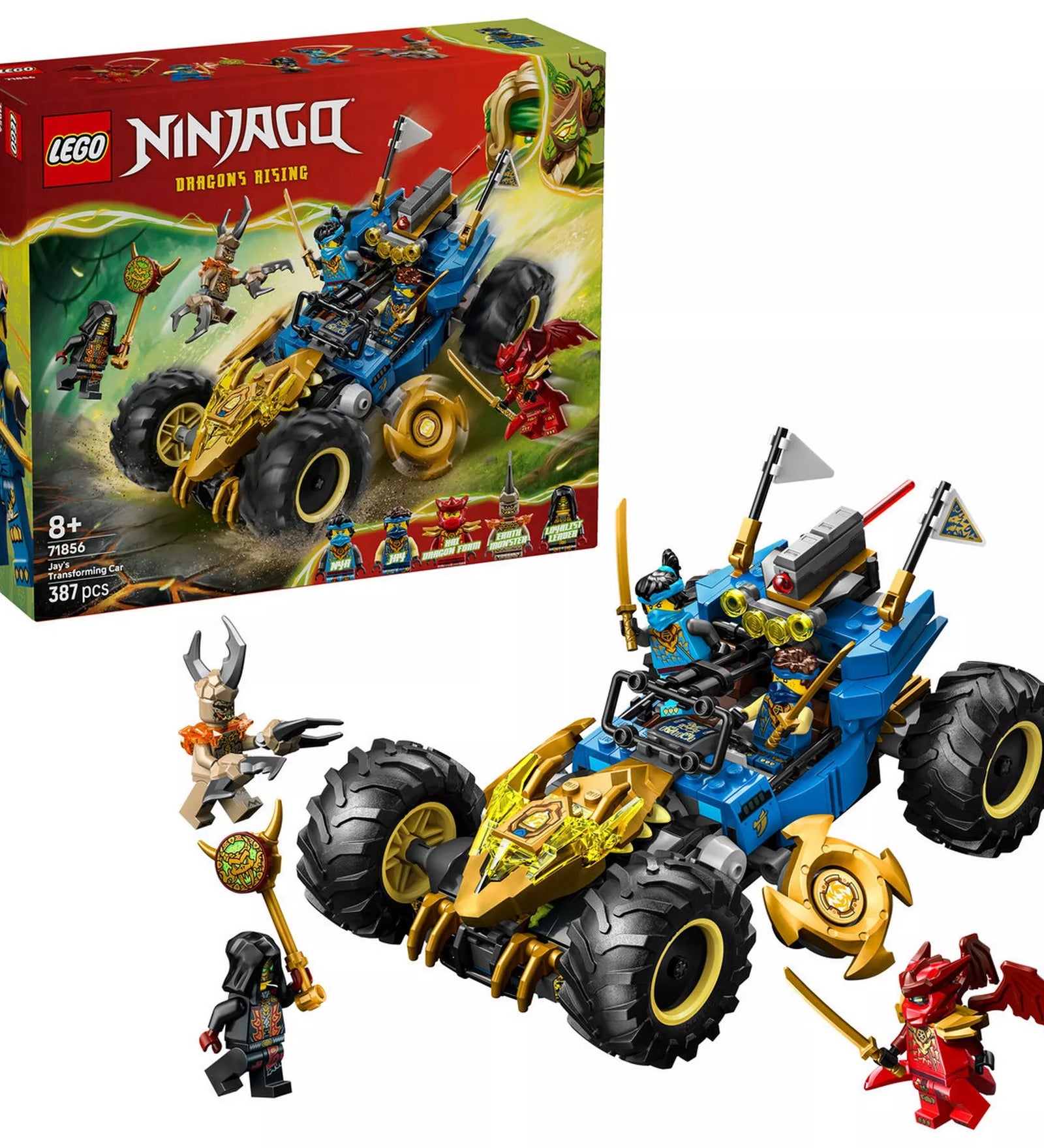 LEGO NINJAGO Jay átalakuló járműve (71856) doboza és a teljes készlet fehér háttéren, kék-arany színű terepjárművel, nagy kerekekkel, forgó pengékkel, zászlókkal és a mellékelt NINJAGO minifigurákkal.