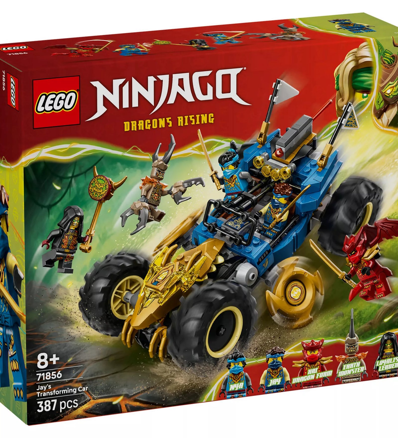 LEGO NINJAGO Jay átalakítható járműve (71856) dobozképe, amelyen a kék-arany színű, óriáskerekű ninja autó látható harci jelenetben Jay, Nya és Kai minifigurákkal, valamint a Föld Szörnyével és a Loajalista Vezérrel.