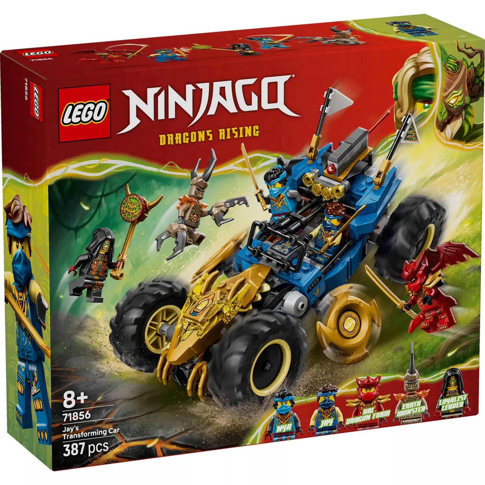 LEGO NINJAGO Jay átalakítható járműve (71856) dobozképe, amelyen a kék-arany színű, óriáskerekű ninja autó látható harci jelenetben Jay, Nya és Kai minifigurákkal, valamint a Föld Szörnyével és a Loajalista Vezérrel.
