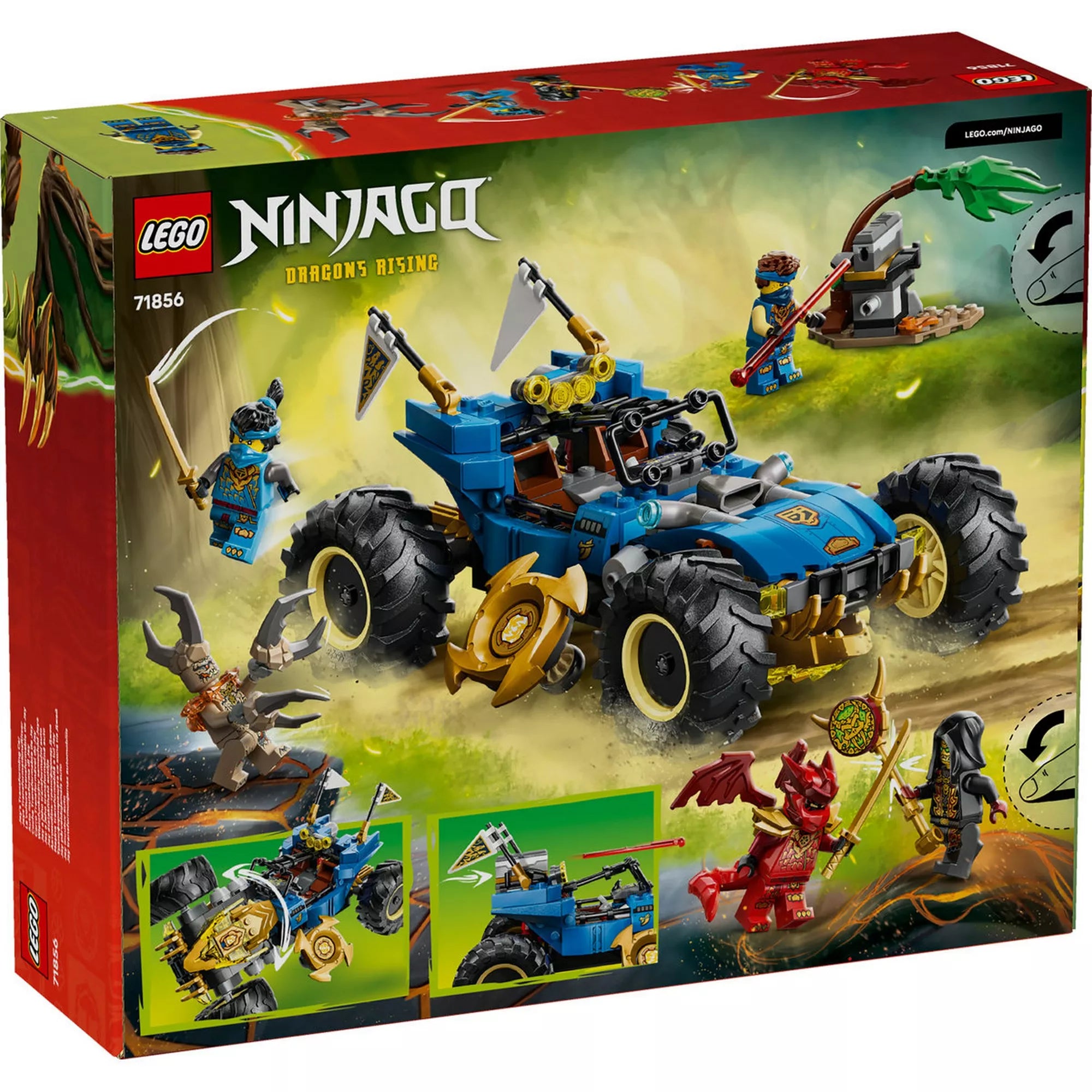 LEGO NINJAGO Jay átalakítható járműve (71856) hátoldali dobozképe, amely bemutatja a 2 az 1-ben funkciót, a sárkány módba alakítható járművet, a kilövőt, a melléképítményt és az összes NINJAGO minifigurát akció közben.