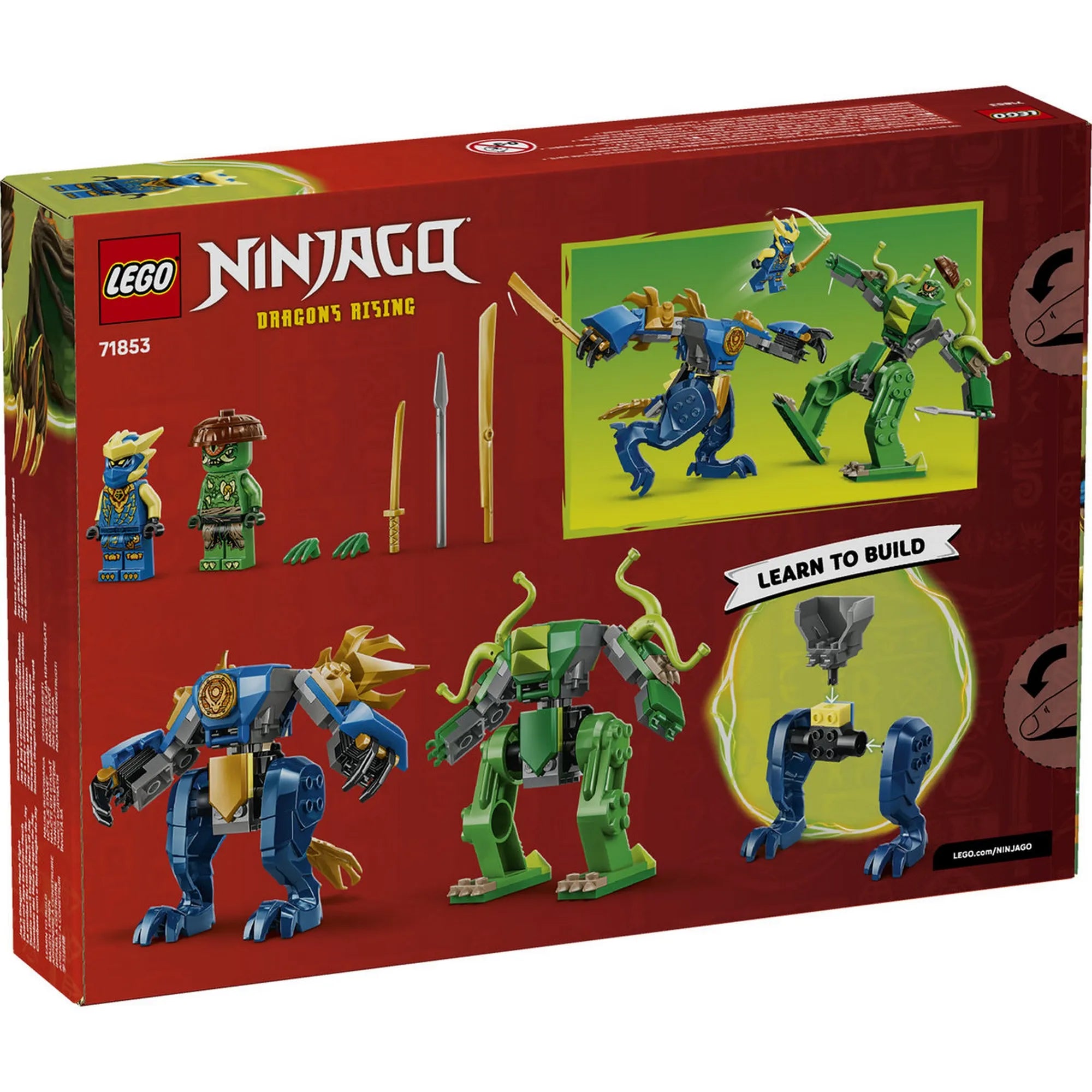 LEGO NINJAGO 71853 doboz hátoldala, Jay sárkánypáncél robot és a mutáns szörny robot játékfunkciókkal.