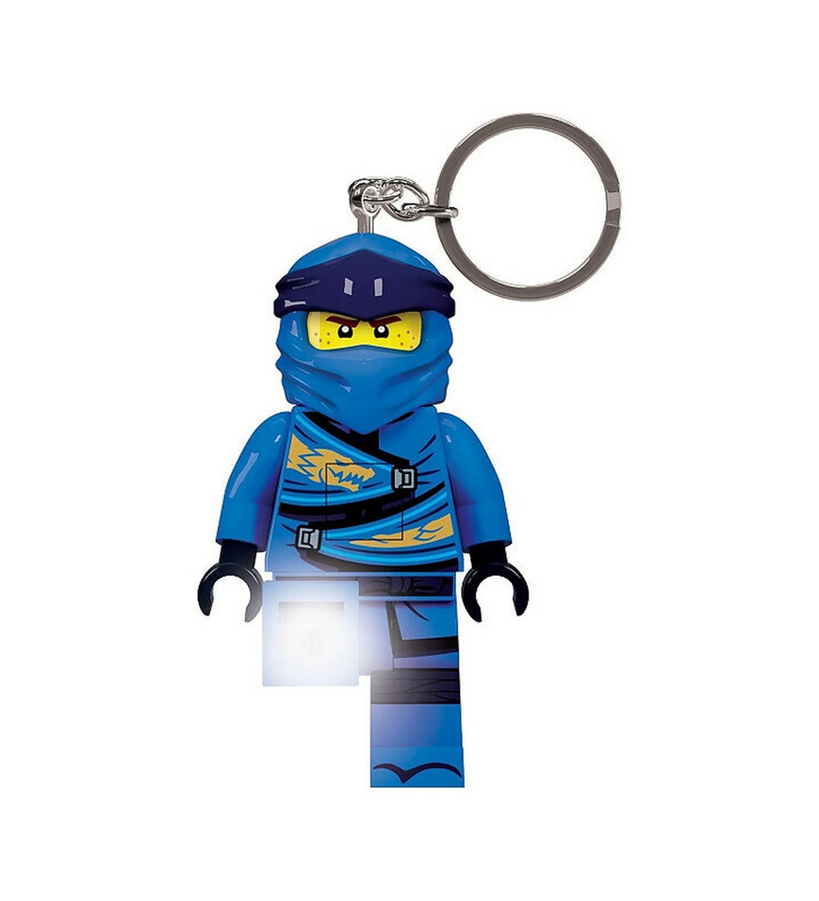 A LEGO NINJAGO Jay LED kulcstartó bekapcsolt fénnyel, amely Jay bal lábából világít, ezüst kulcskarikával.