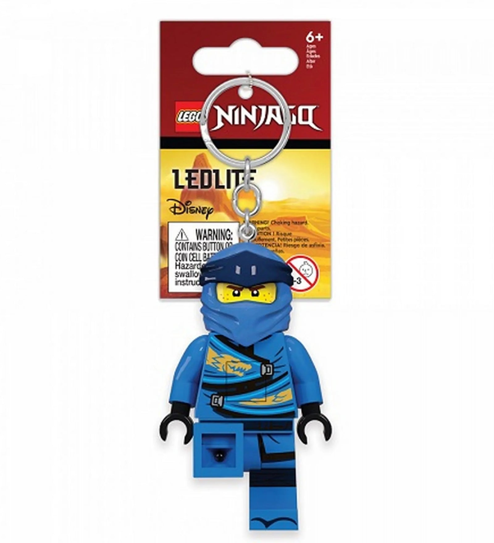 A LEGO NINJAGO Jay LED kulcstartó csomagolt állapotban, sárga háttérrel és a LEGO NINJAGO logóval. A kulcstartón Jay, a kék nindzsa minifigura látható.