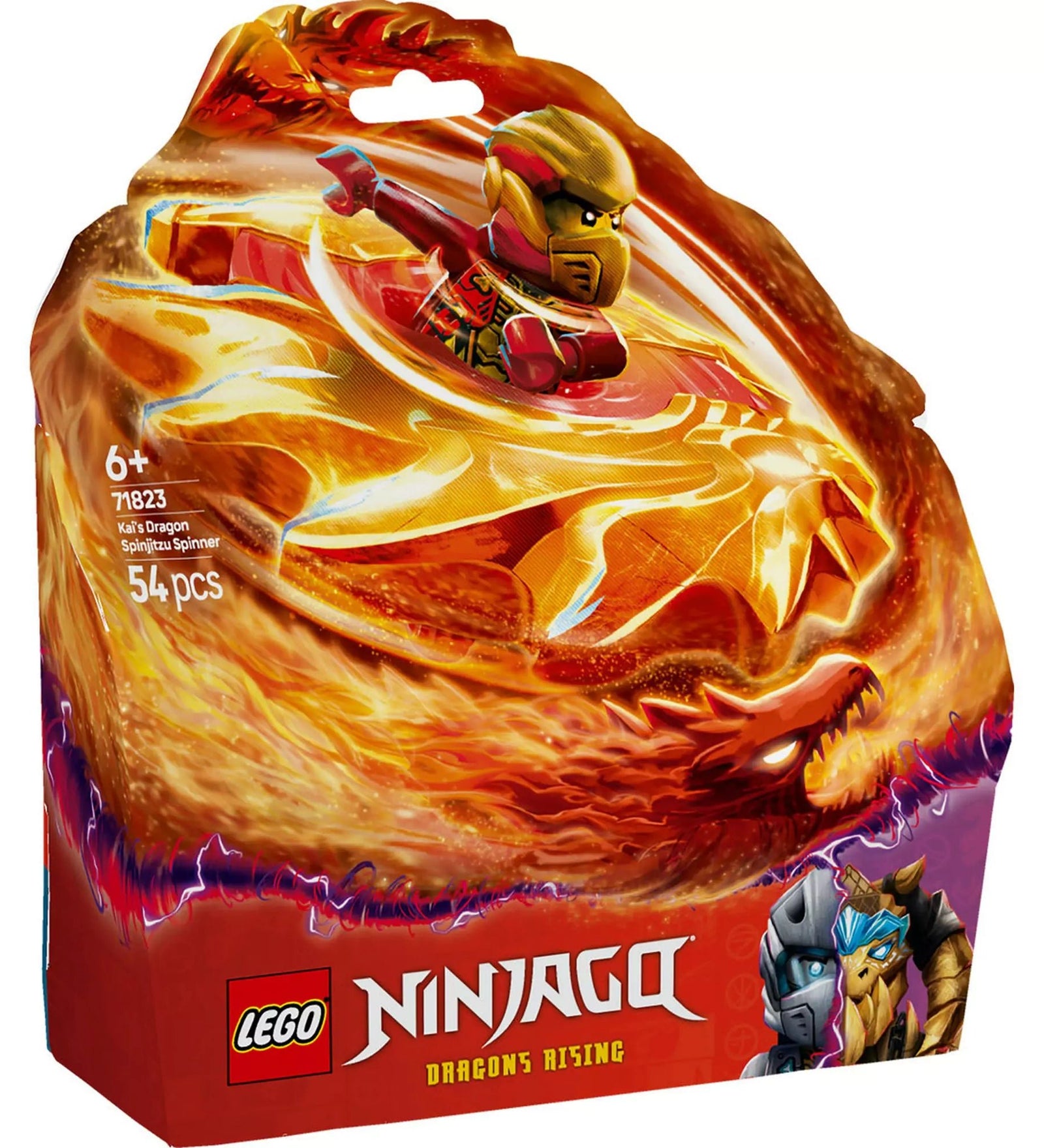 A LEGO Ninjago Kai sárkány Spinjitzu pörgettyűje (71823) lenyűgöző csomagolása, amely izgalmas játékélményt ígér.