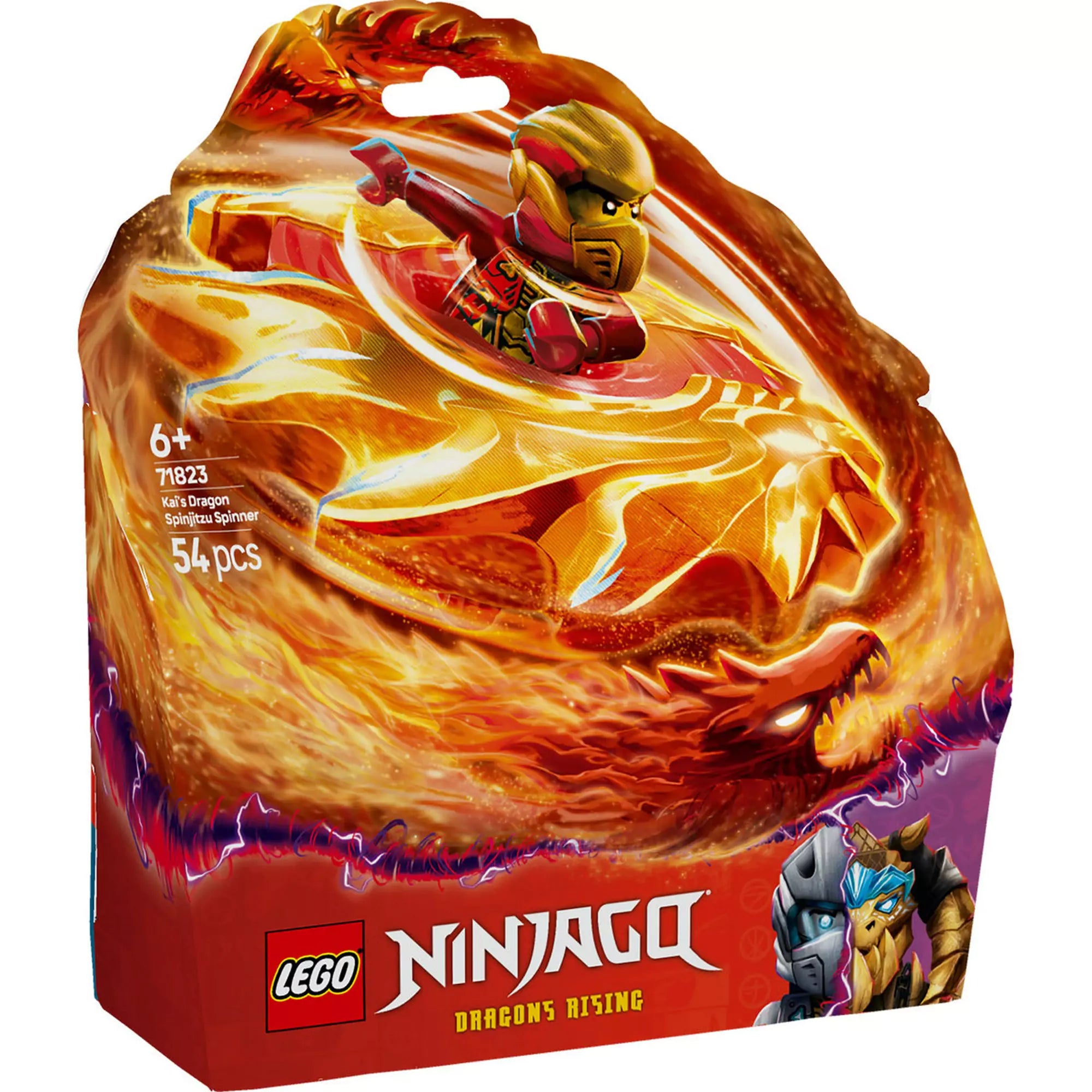 A LEGO Ninjago Kai sárkány Spinjitzu pörgettyűje (71823) lenyűgöző csomagolása, amely izgalmas játékélményt ígér.