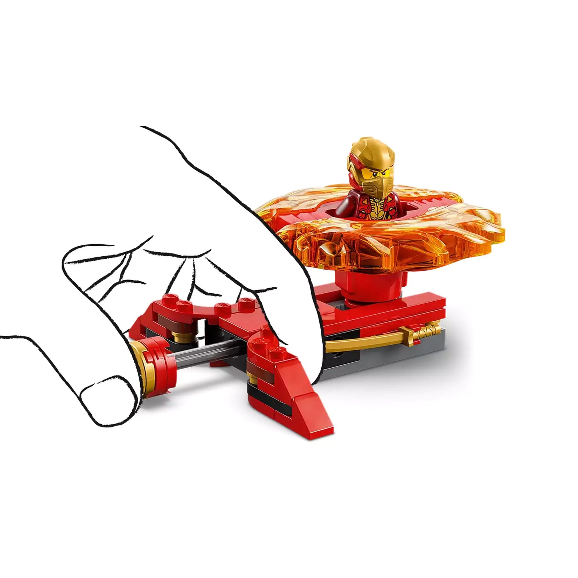 A LEGO Ninjago Kai sárkány Spinjitzu pörgettyűje (71823) akció közben, Kai minifigurája a pörgettyű belsejében.