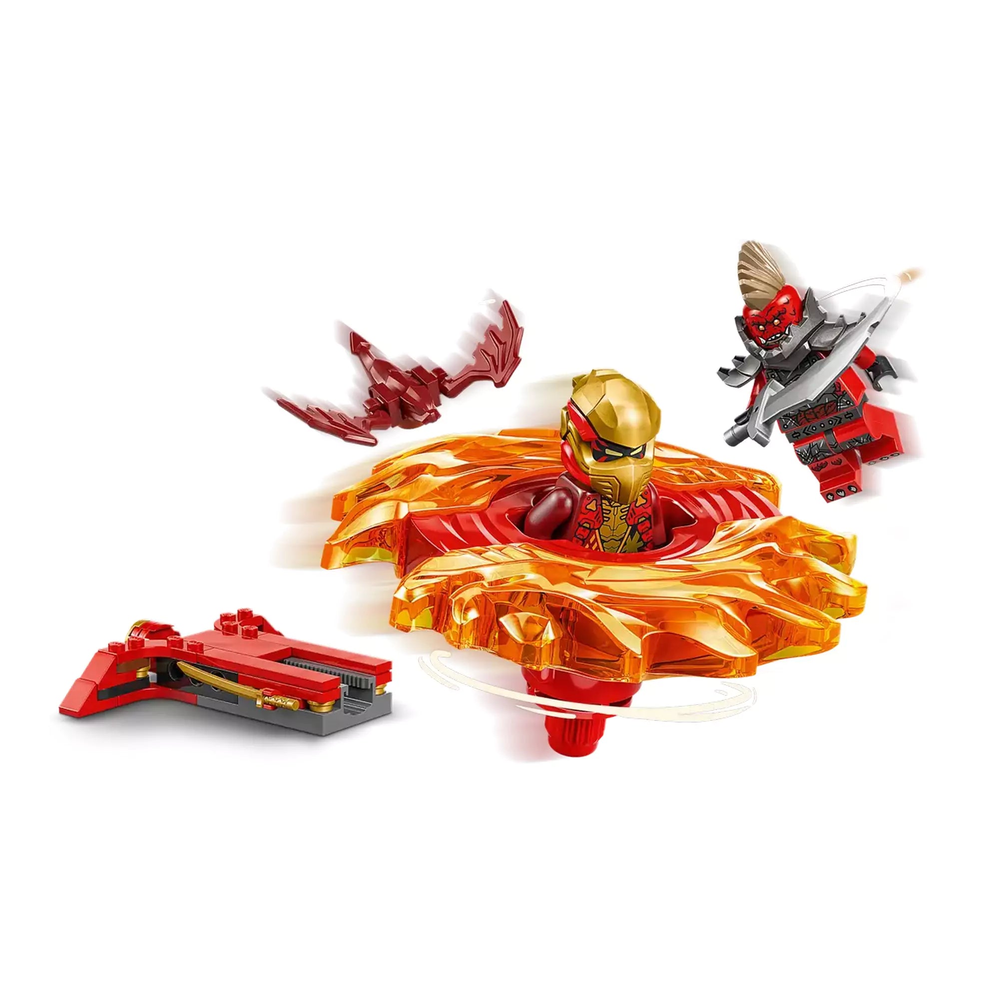 A LEGO Ninjago Kai sárkány Spinjitzu pörgettyűje (71823) közelképe, amely bemutatja a pörgettyű indítómechanizmusát és az akciódús kiegészítőket.