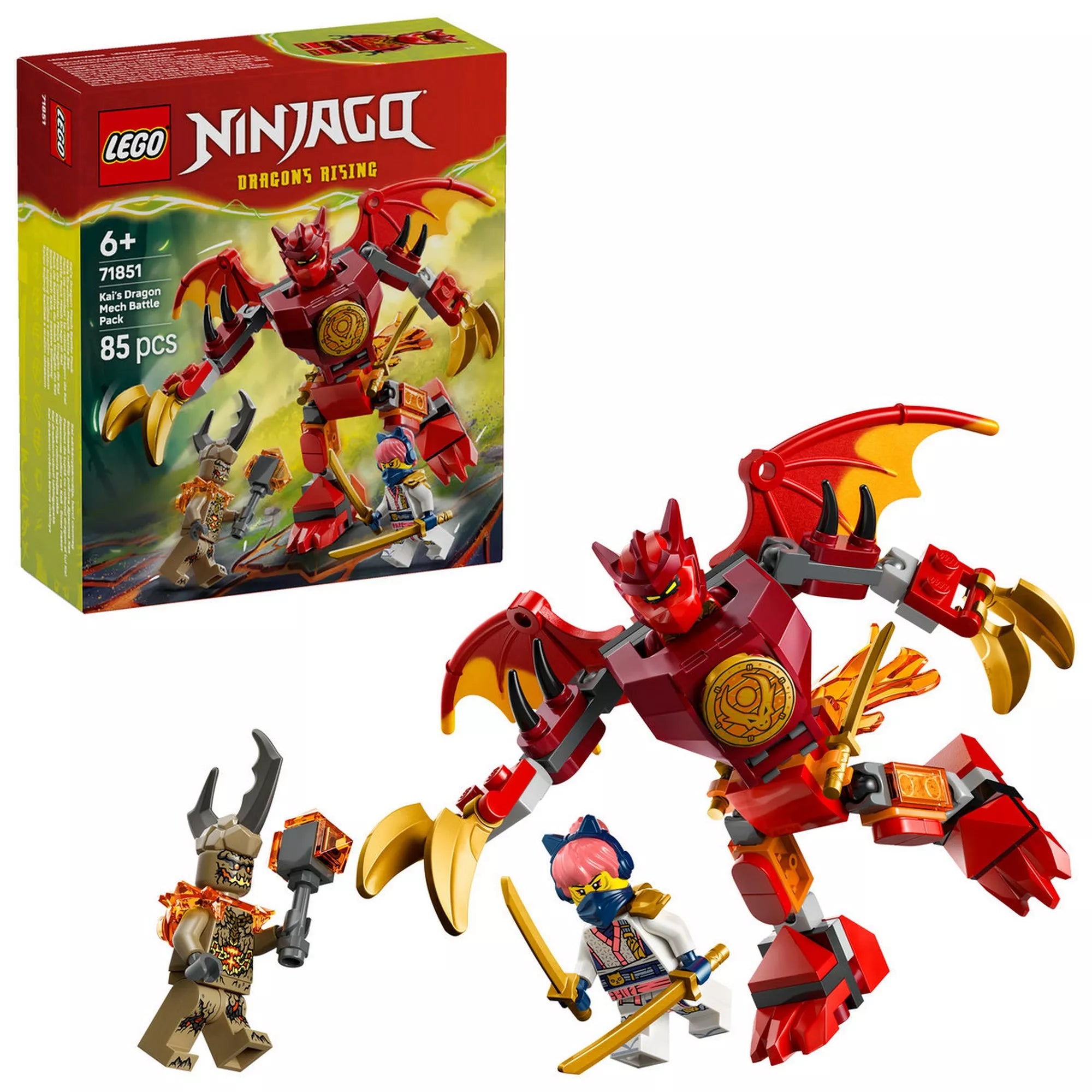 A LEGO NINJAGO Kai’s Dragon Mech Battle Pack tartalma a dobozzal együtt, dinamikus harci pózban elhelyezett figurákkal.