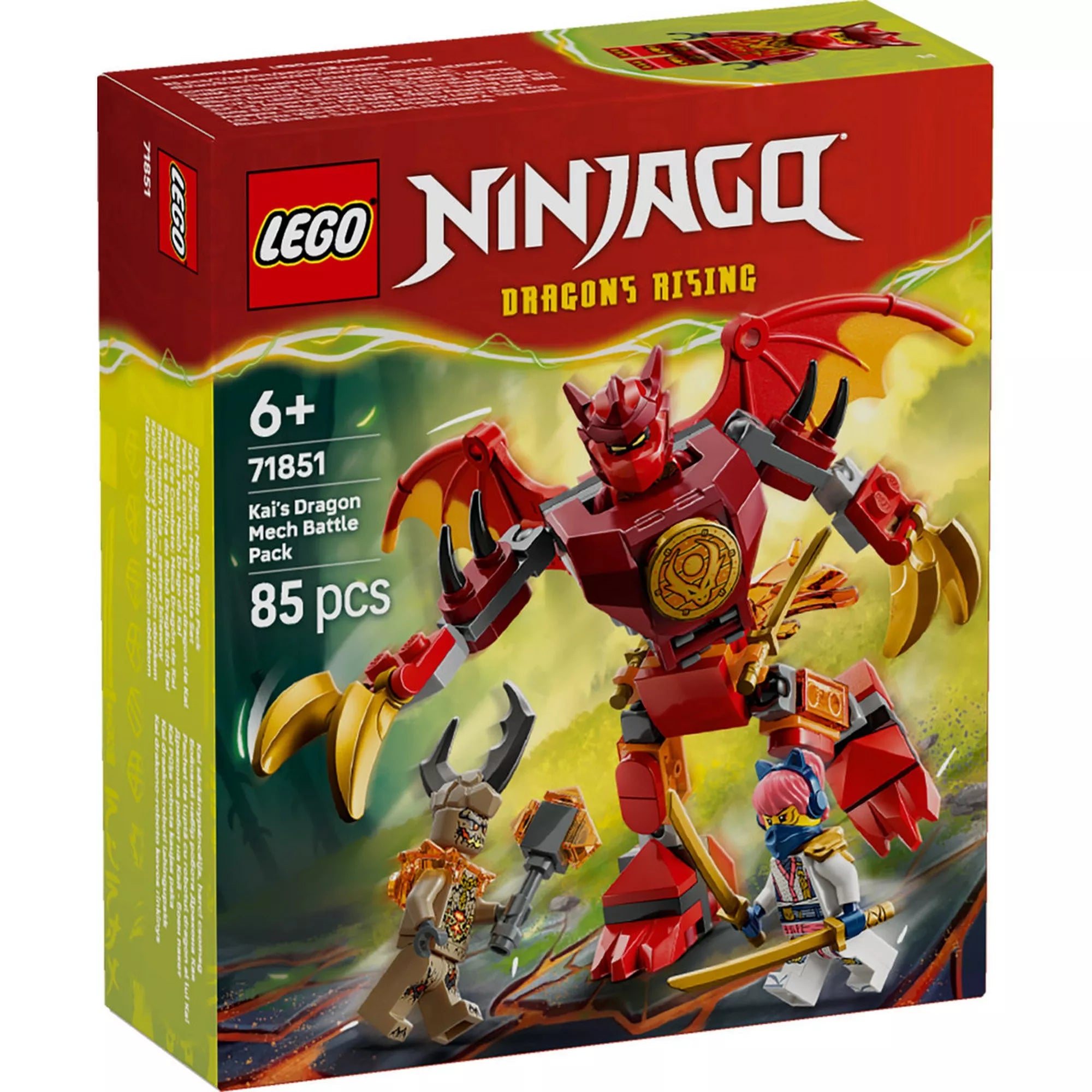LEGO NINJAGO 71851 Kai’s Dragon Mech Battle Pack dobozának elölnézete, a piros sárkány mech és a minifigurák akciójelenetével.