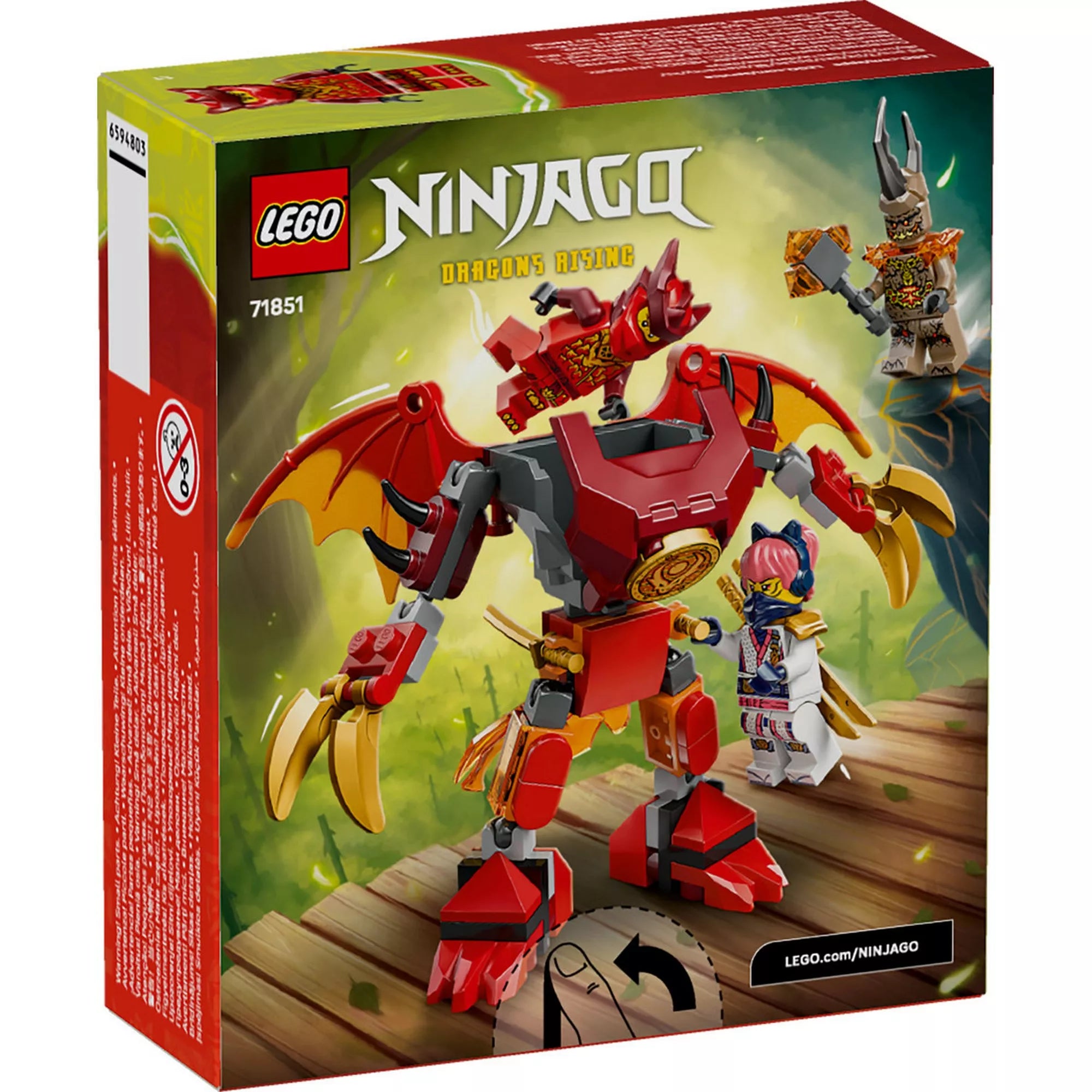 A LEGO NINJAGO 71851 készlet dobozának hátoldala, a sárkány mech mozgatható funkcióinak és játékhelyzeteinek bemutatásával.