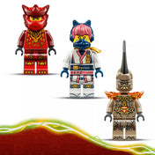 A LEGO NINJAGO 71851 készlet minifigurái közelről: Kai, egy ninja szövetséges és egy ellenséges harcos.