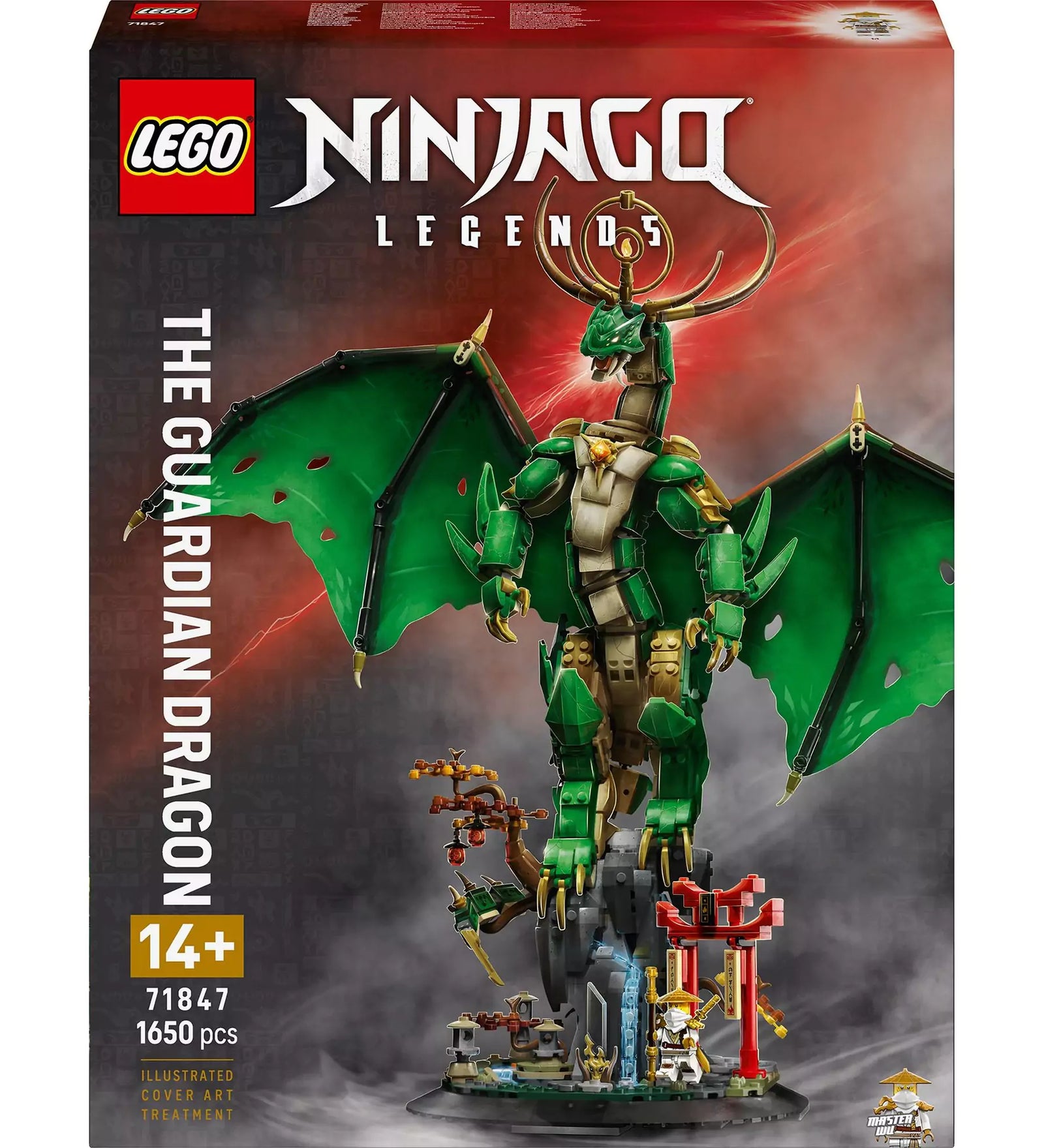  A LEGO NINJAGO Az Őrsárkány (71847) doboznézete elölről vörös háttérrel, a sárkány és dioráma teljes pompájában, 1650 elemet és a 14+ korosztályt jelölve.