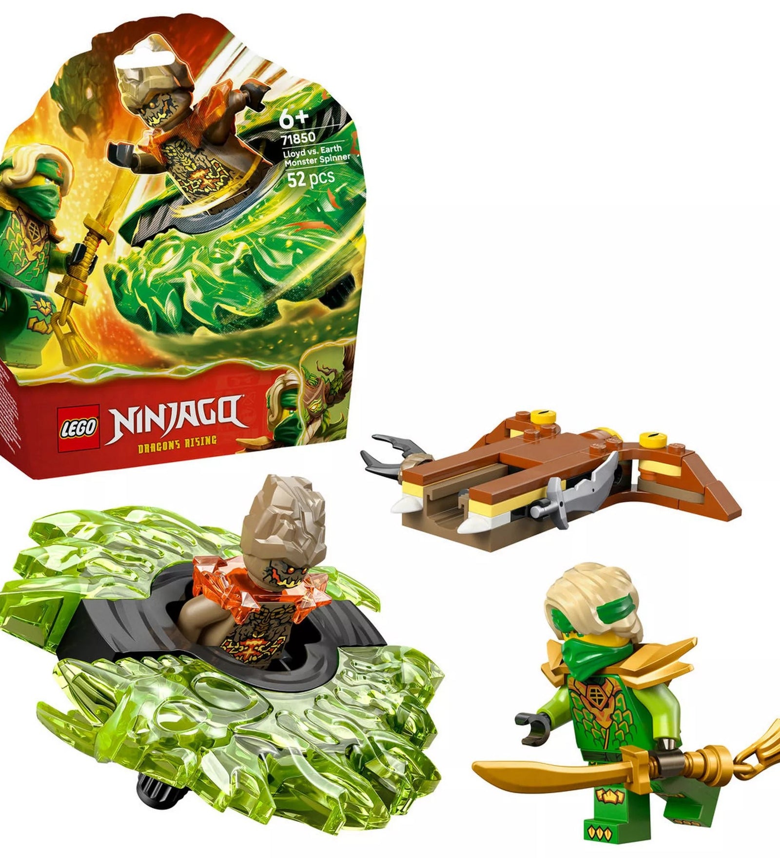 LEGO NINJAGO Dragons Rising 71850 készlet a dobozzal együtt, pörgettyűvel, indítóval és Lloyd minifigurával.