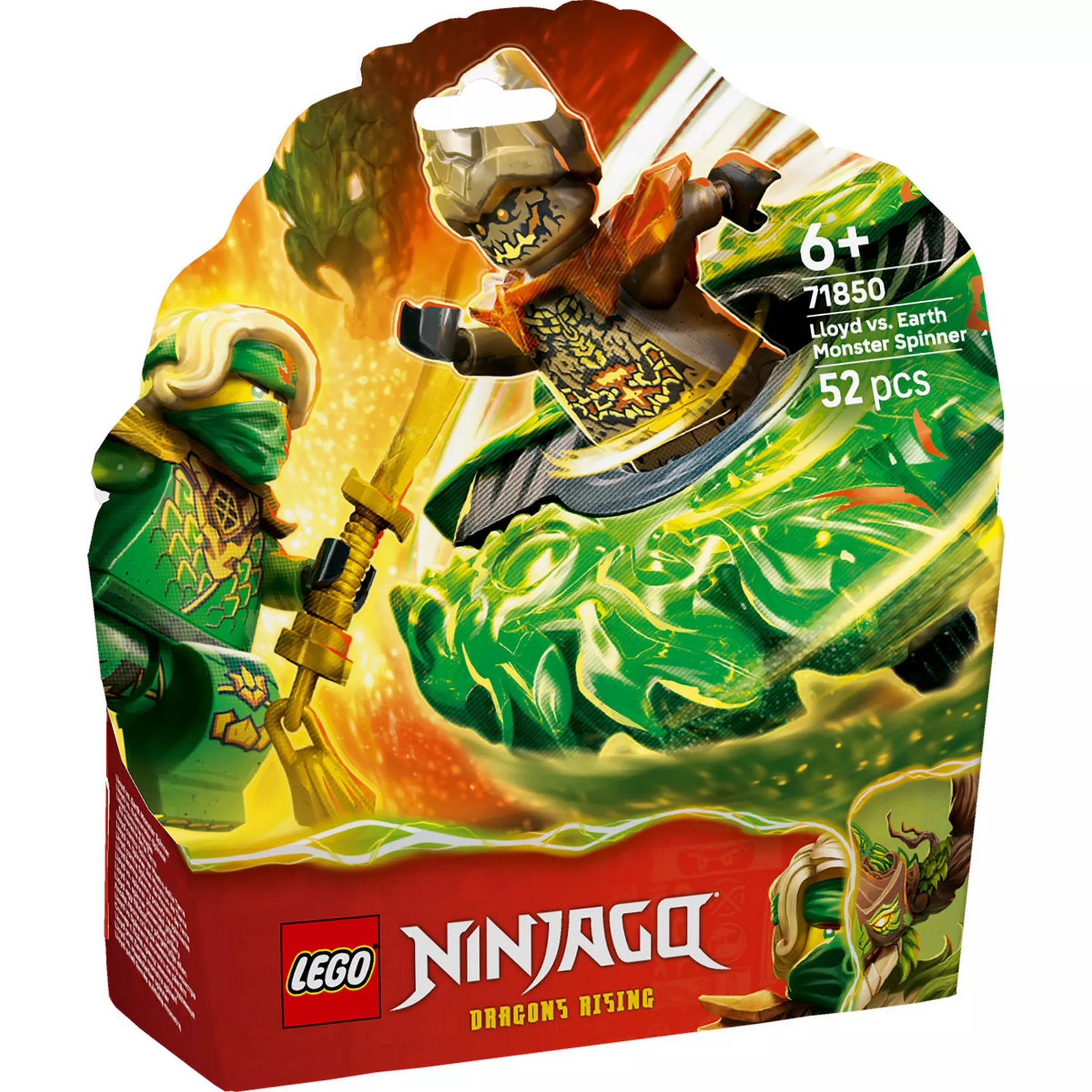 LEGO NINJAGO Dragons Rising Lloyd vs. Föld Szörny Pörgettyű (71850) készlet doboza, pörgő akciójelenettel és minifigurákkal.