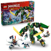 LEGO NINJAGO Lloyd sugárhajtású robotja (71845) kiállítva a dobozzal együtt, a figurák és kiegészítők körülötte.
