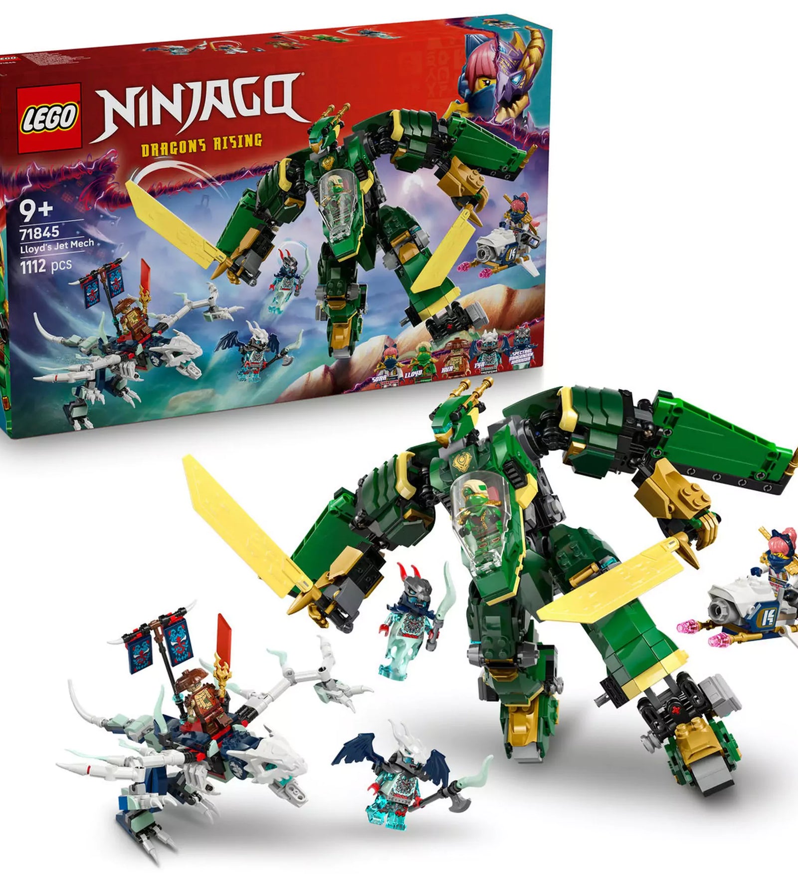LEGO NINJAGO Lloyd sugárhajtású robotja (71845) kiállítva a dobozzal együtt, a figurák és kiegészítők körülötte.