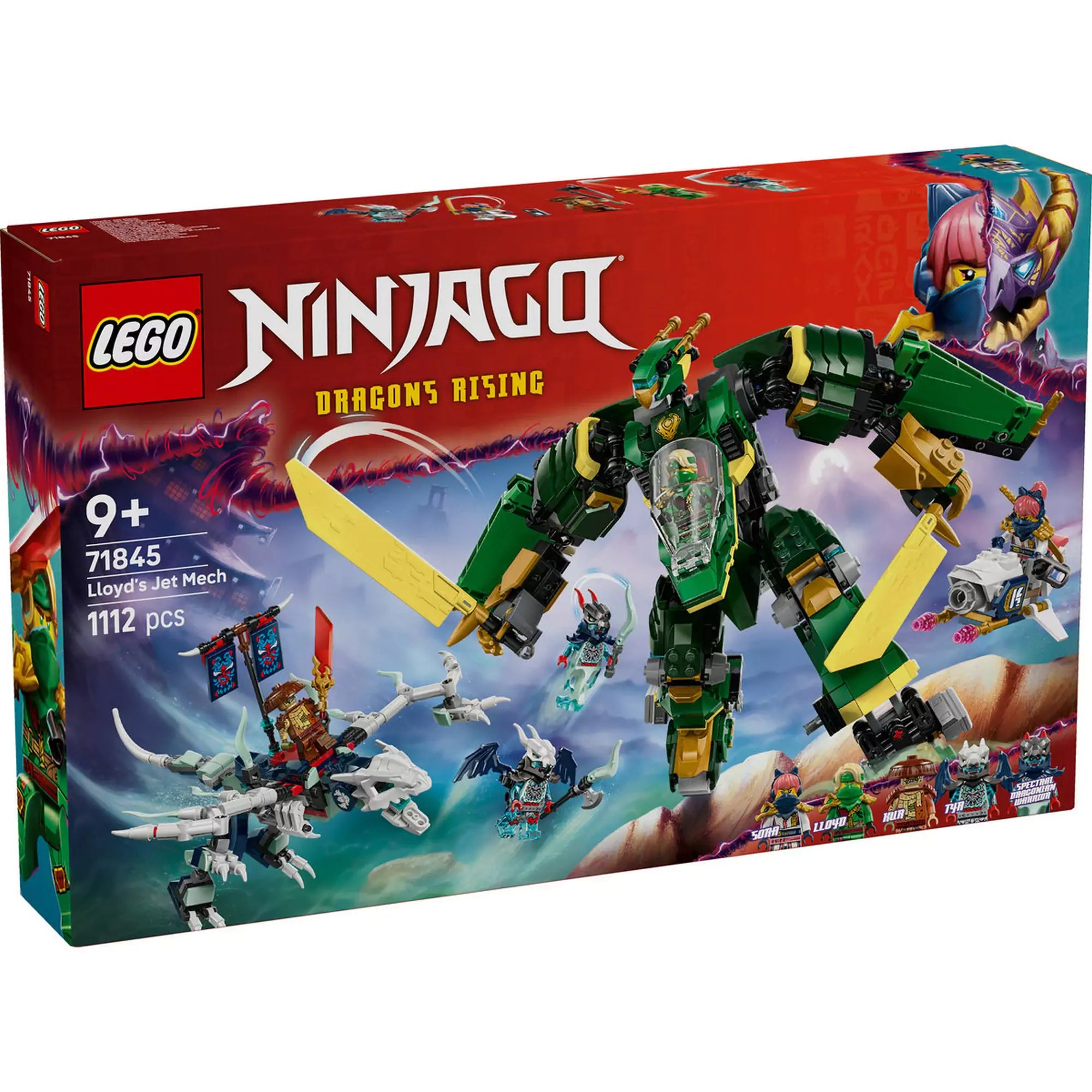 LEGO NINJAGO Lloyd sugárhajtású robotja (71845) doboz, rajta a zöld és arany színű robot, sárkány és minifigurák akciójelenetben.