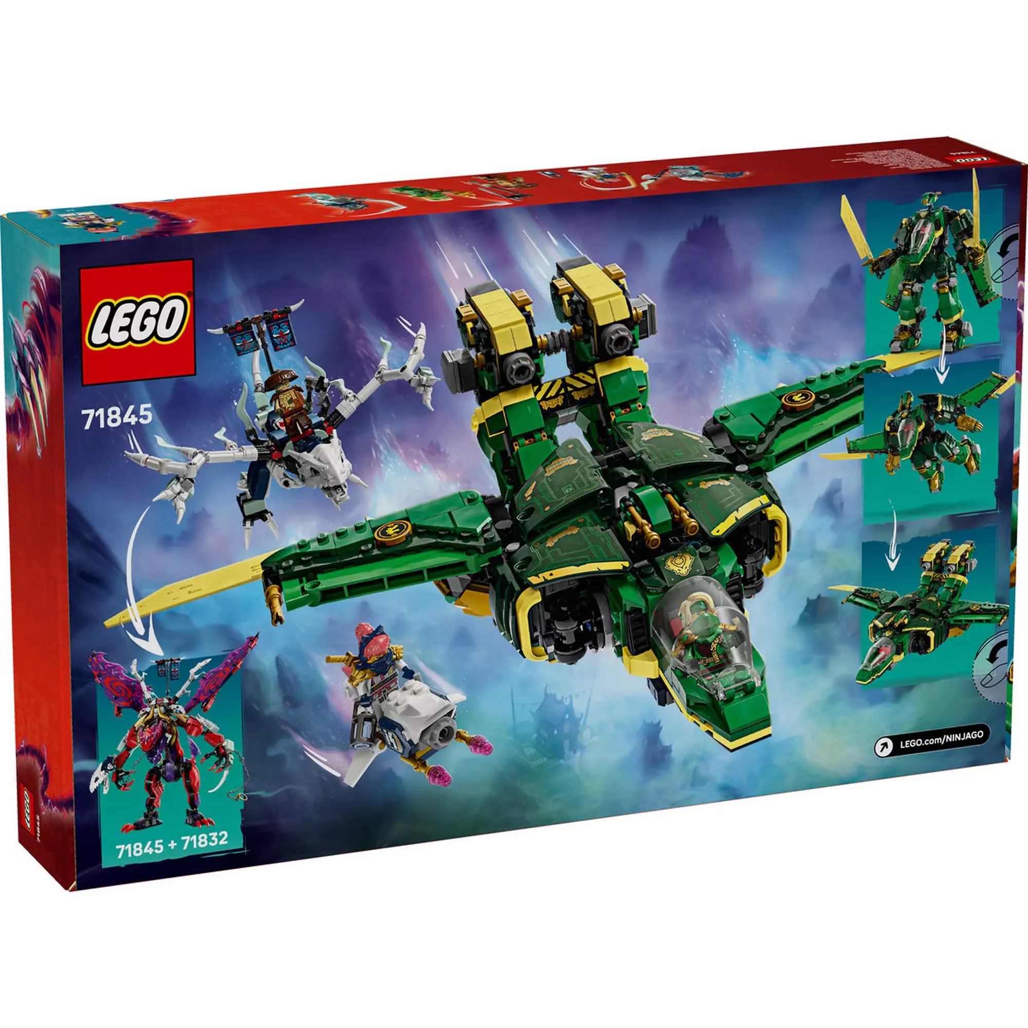 LEGO NINJAGO Lloyd sugárhajtású robotja (71845) doboz hátlapja, a robot sugárhajtású repülővé alakítva, akcióban a gonosztevők ellen.