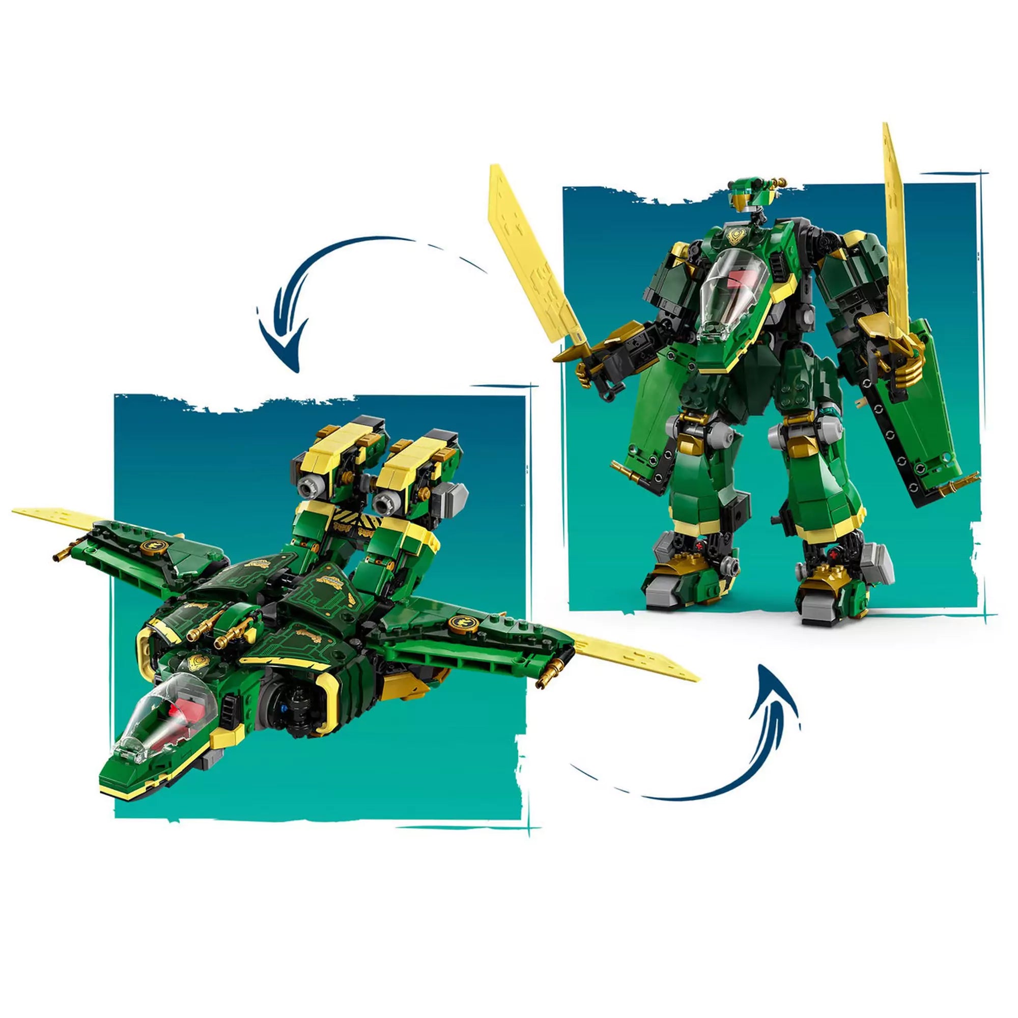 LEGO NINJAGO Lloyd sugárhajtású robotja (71845) – a modell robottá és sugárhajtású repülővé való átalakítását bemutató illusztráció.