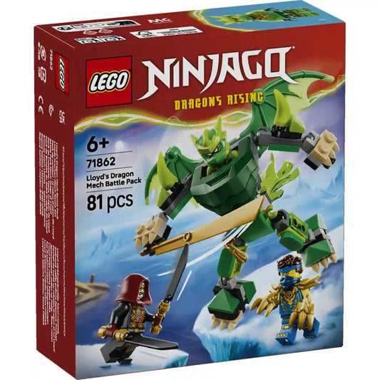 LEGO NINJAGO Dragons Rising Lloyd sárkánypáncélja, harci csomag 71862 dobozképe zöld sárkányrobottal és három minifigurával.