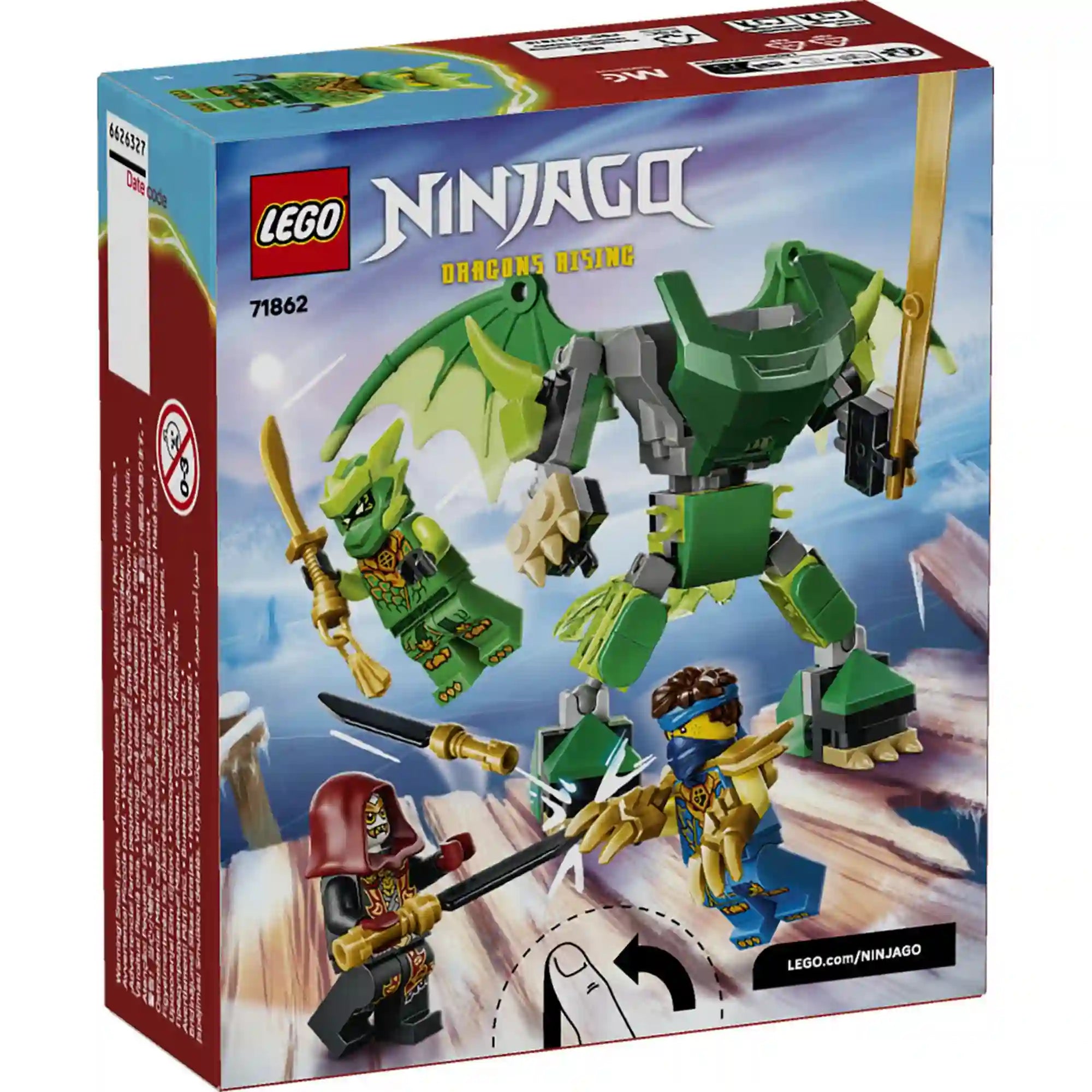 LEGO NINJAGO Lloyd sárkánypáncélja, harci csomag 71862 hátoldali dobozkép, amely bemutatja a robot mozgatható funkcióit és a harci jeleneteket.