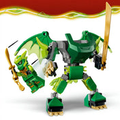 LEGO NINJAGO 71862 mozgatható zöld sárkányrobot karddal és szárnyakkal, Lloyd minifigurával a robot pilótafülkéjéből kilépve.