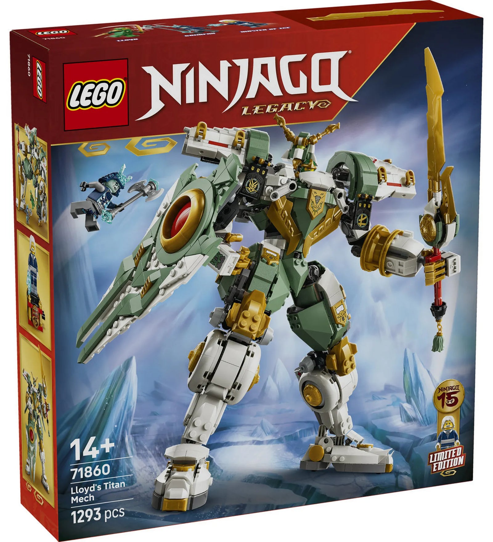 LEGO Ninjago: Lloyd titánpáncélja a 15. évfordulóra 71860, 1293 darabos – a készlet dobozának eleje a hatalmas Lloyd titán mech modellel és minifigurákkal.