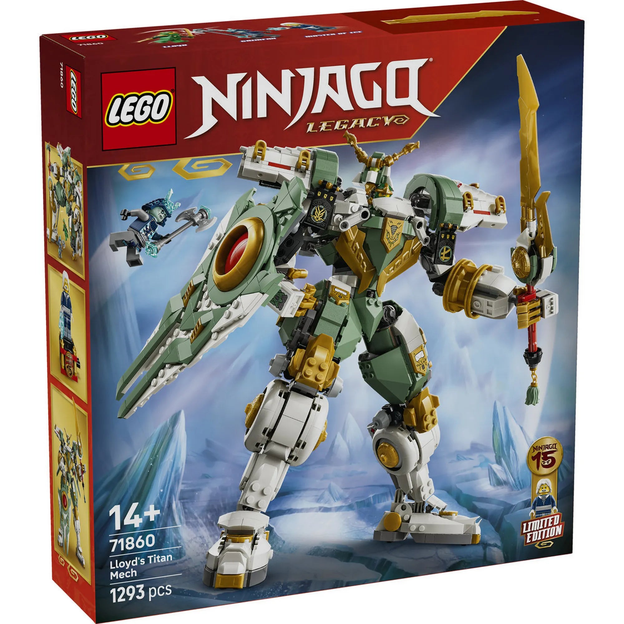 LEGO Ninjago: Lloyd titánpáncélja a 15. évfordulóra 71860, 1293 darabos – a készlet dobozának eleje a hatalmas Lloyd titán mech modellel és minifigurákkal.