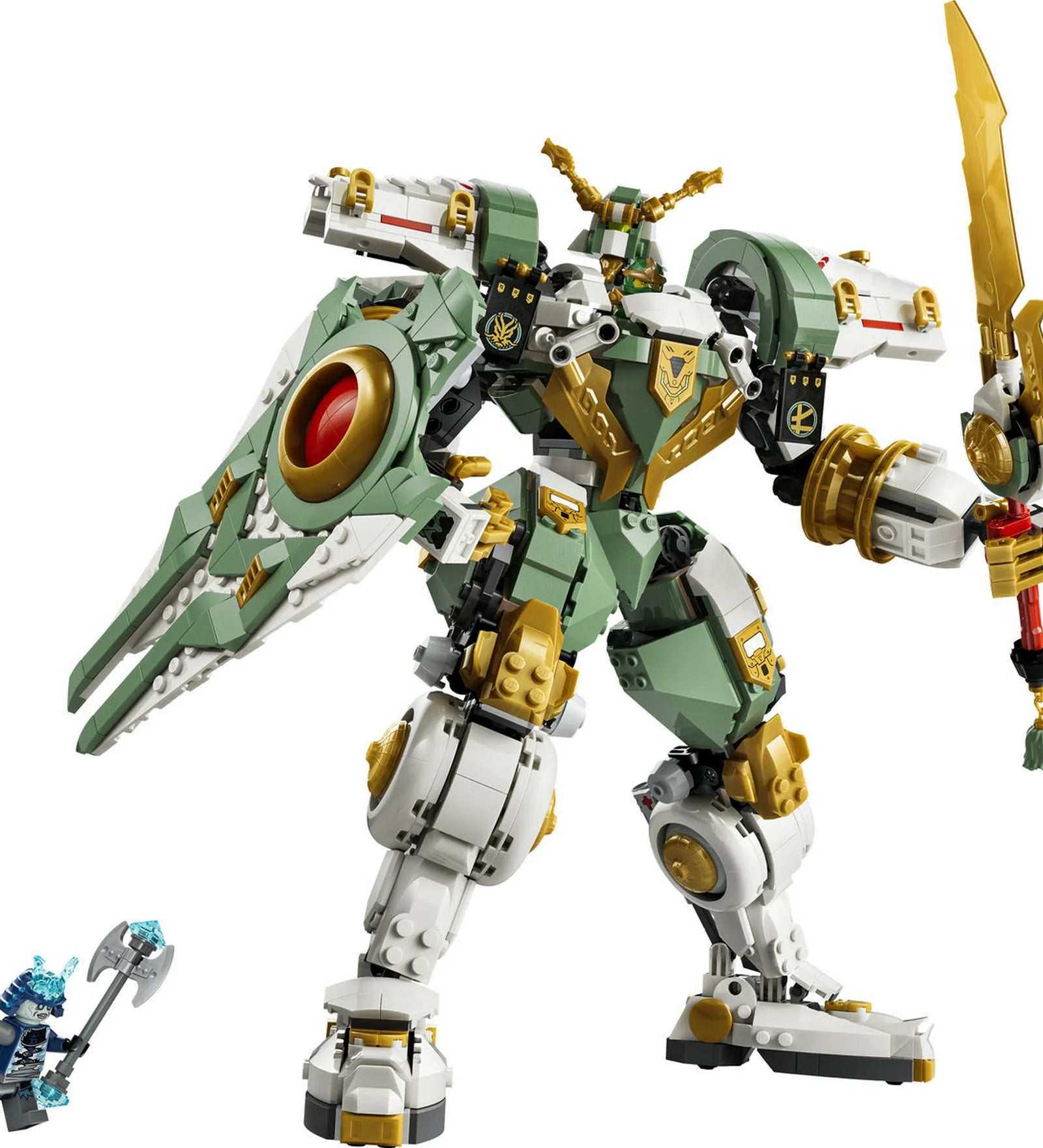 LEGO Ninjago: Lloyd titánpáncélja a 15. évfordulóra 71860, 1293 darabos – Lloyd hatalmas zöld-arany titán mech páncélja karddal és pajzzsal, mellette egy jég harcos minifigura.