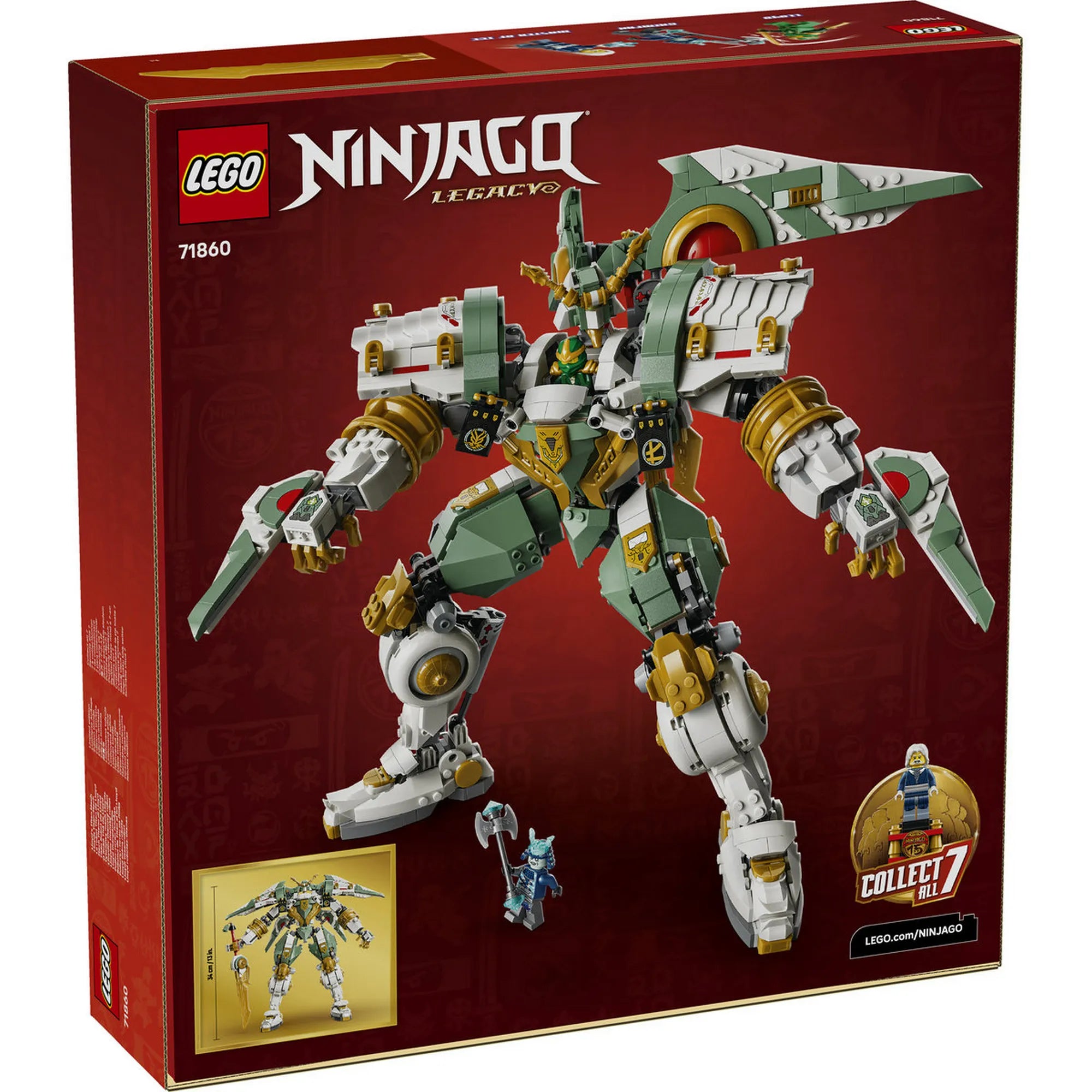 LEGO Ninjago: Lloyd titánpáncélja a 15. évfordulóra 71860, 1293 darabos – a készlet hátoldali dobozképe a nagy mech modellel és minifigurával.
