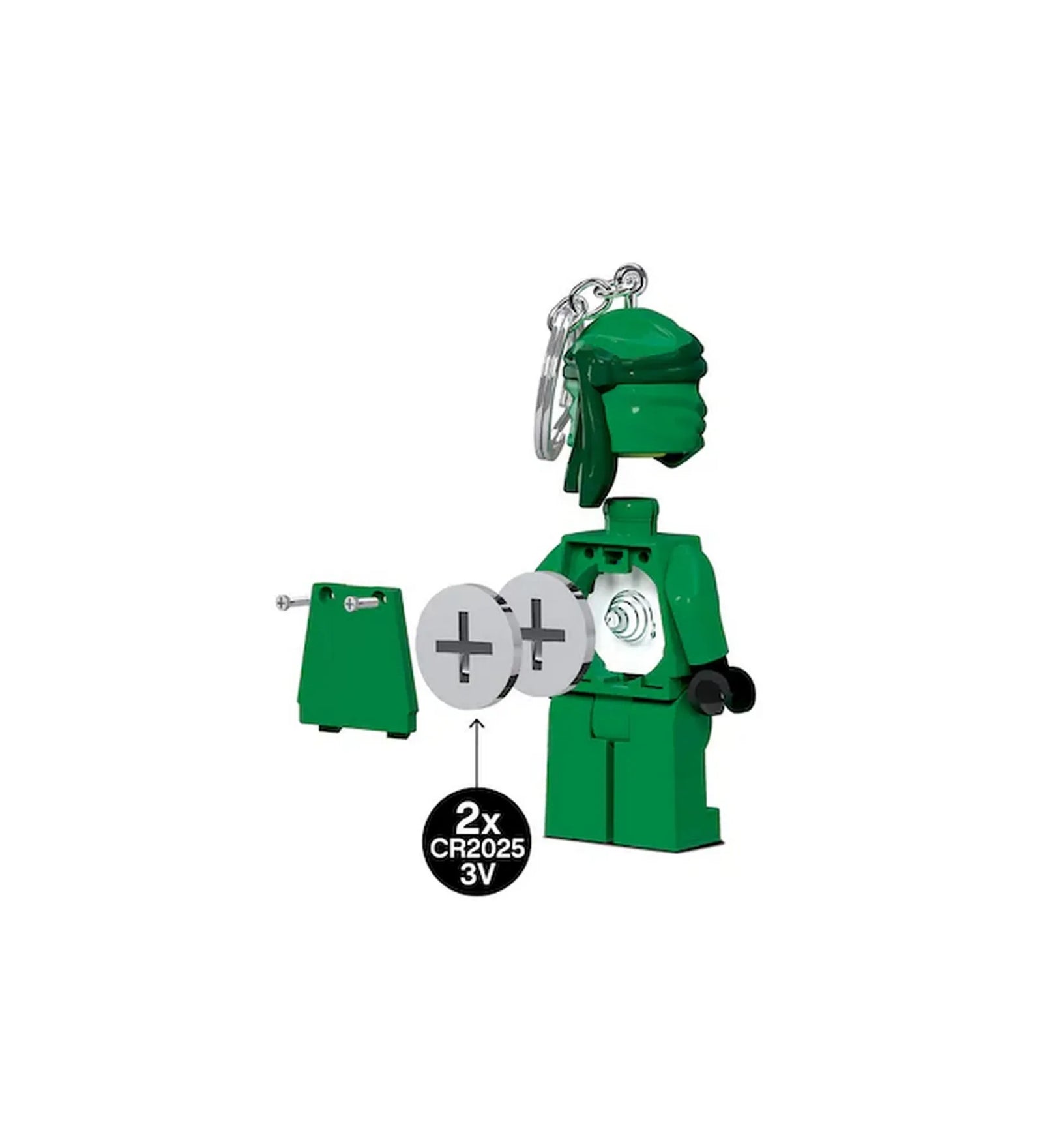 LEGO NINJAGO Lloyd világító kulcstartó hátulról, a nyitott elemtartó rekesszel és két CR2025 3V elemmel bemutatva a működését.