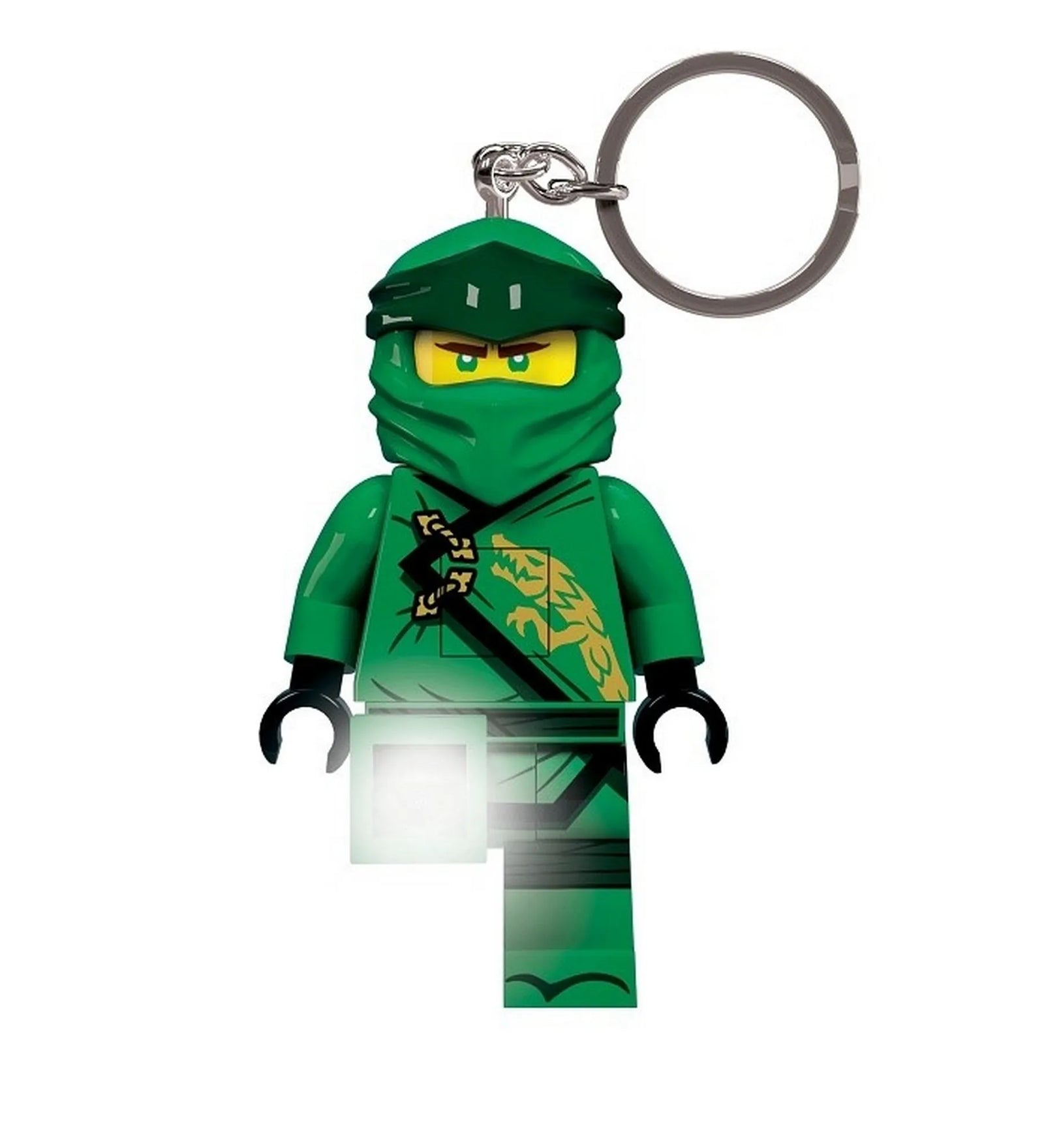 Zöld ruhás LEGO NINJAGO Lloyd világító kulcstartó, amelynek egyik lábából fehér fény világít. A minifigura részletes, arany sárkánymintás felsőt és ninja maszkot visel.