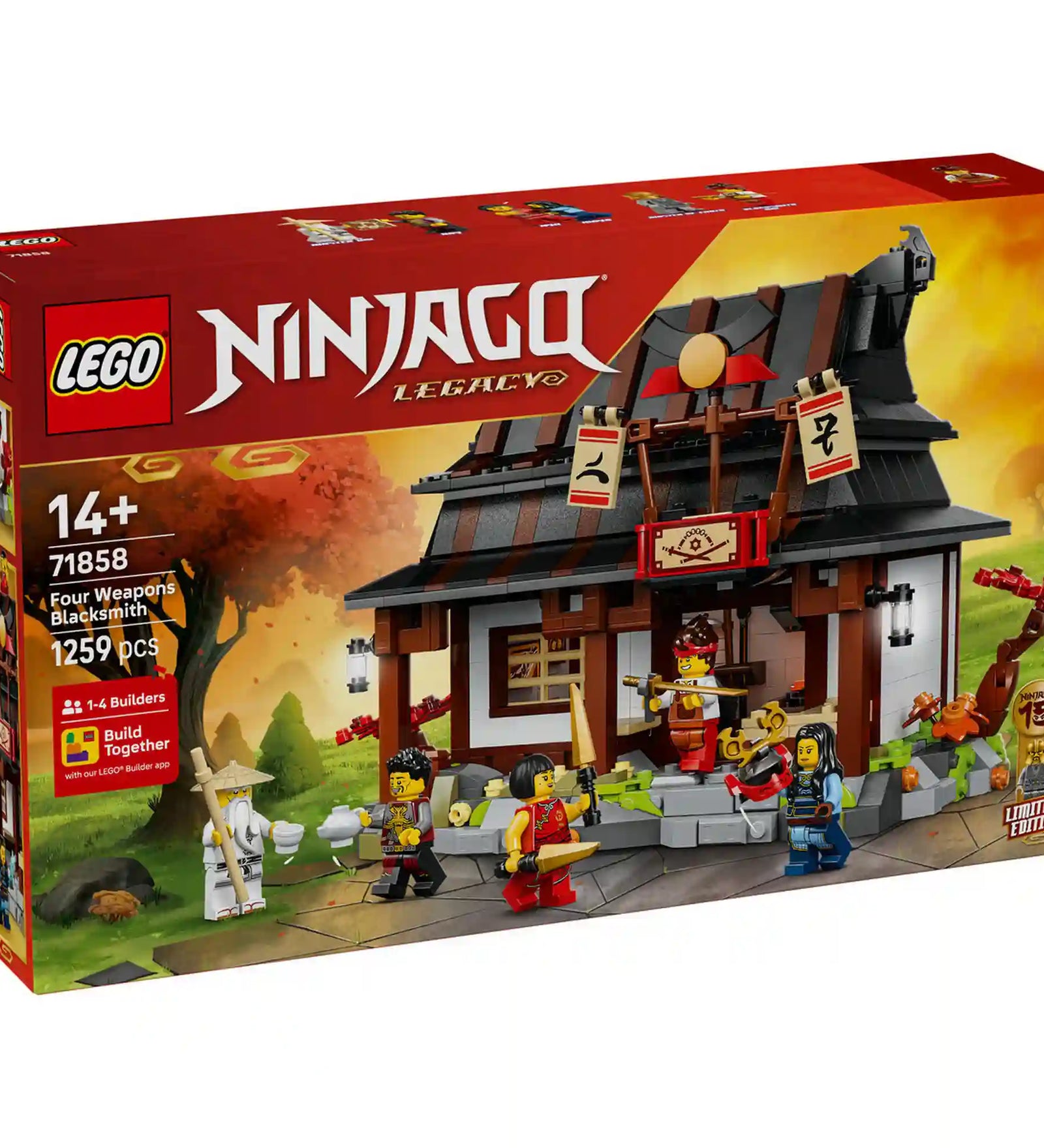 LEGO NINJAGO: Négy Fegyver Kovácsműhely, 15. évforduló doboz eleje, készlet és minifigurák látványos grafikával.