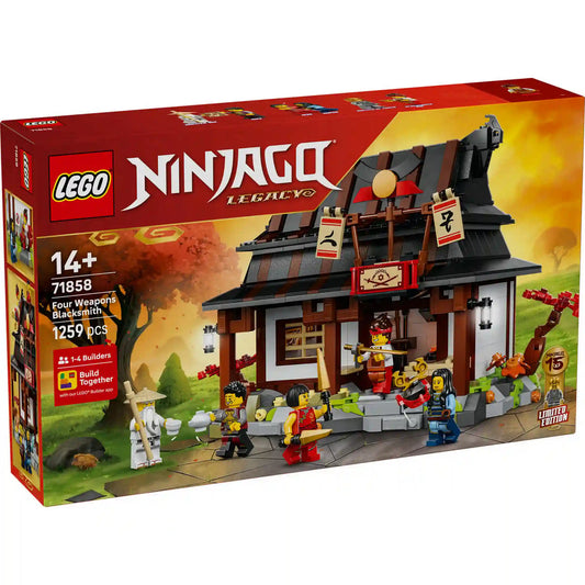 LEGO NINJAGO: Négy Fegyver Kovácsműhely, 15. évforduló doboz eleje, készlet és minifigurák látványos grafikával.
