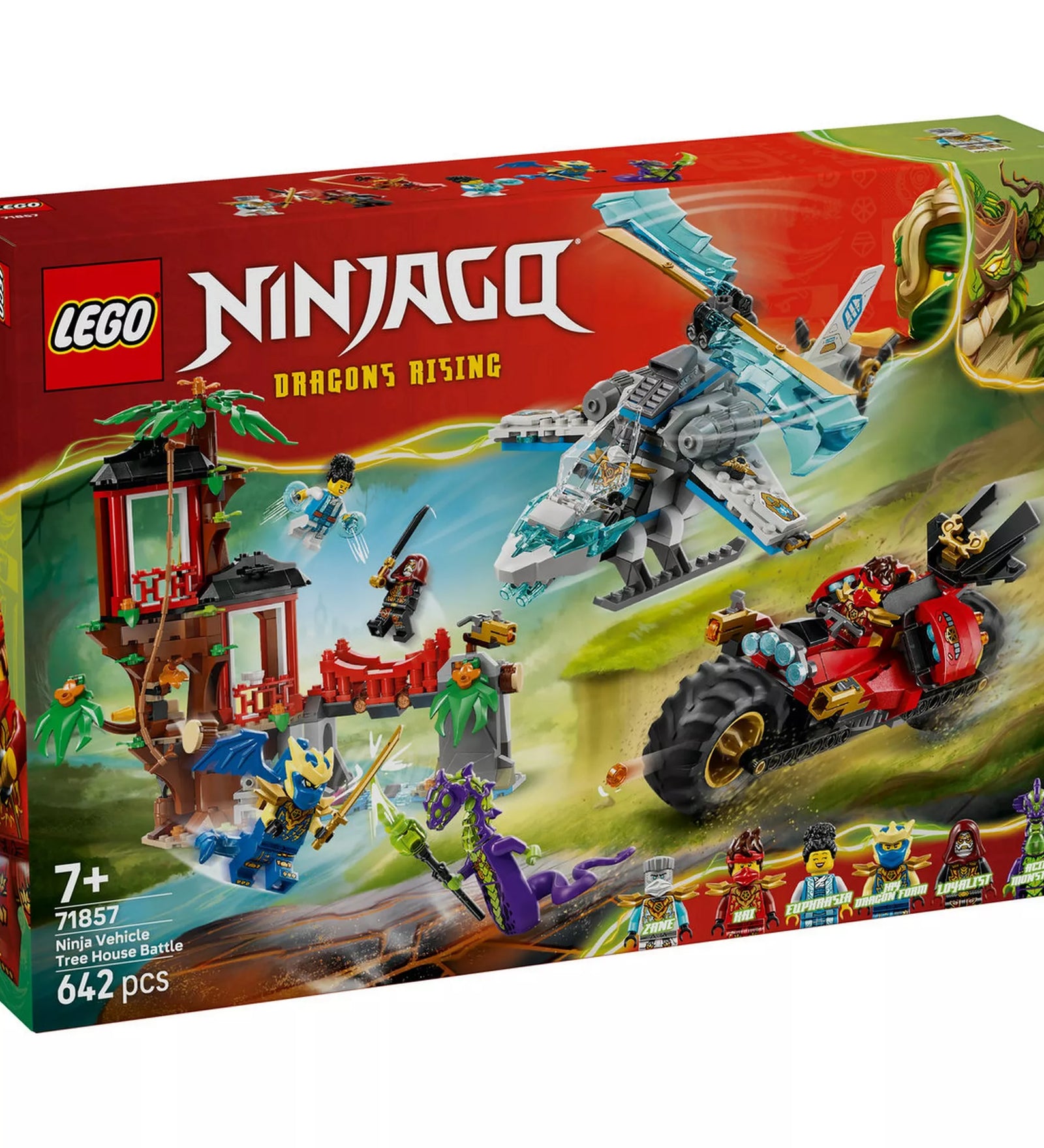 LEGO NINJAGO Harc a lombházban ninja járművekkel (71857) dobozképe, háromszintes ninja lombházzal, helikopterrel, piros ninja motorral és több minifigurával akciójelenetben.