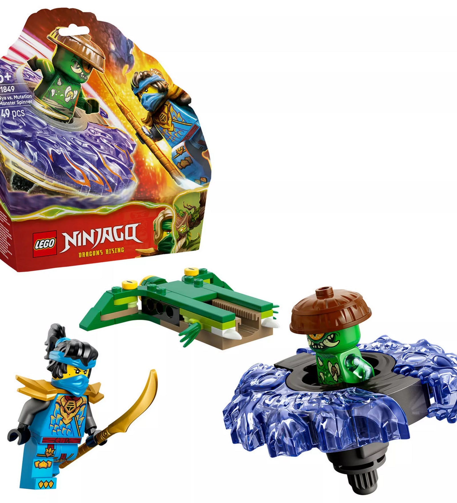 LEGO NINJAGO Nya vs. Mutation Monster Spinner (71849) teljes készlet, dobozzal, minifigurákkal, spinnerrel és kiegészítő elemekkel.
