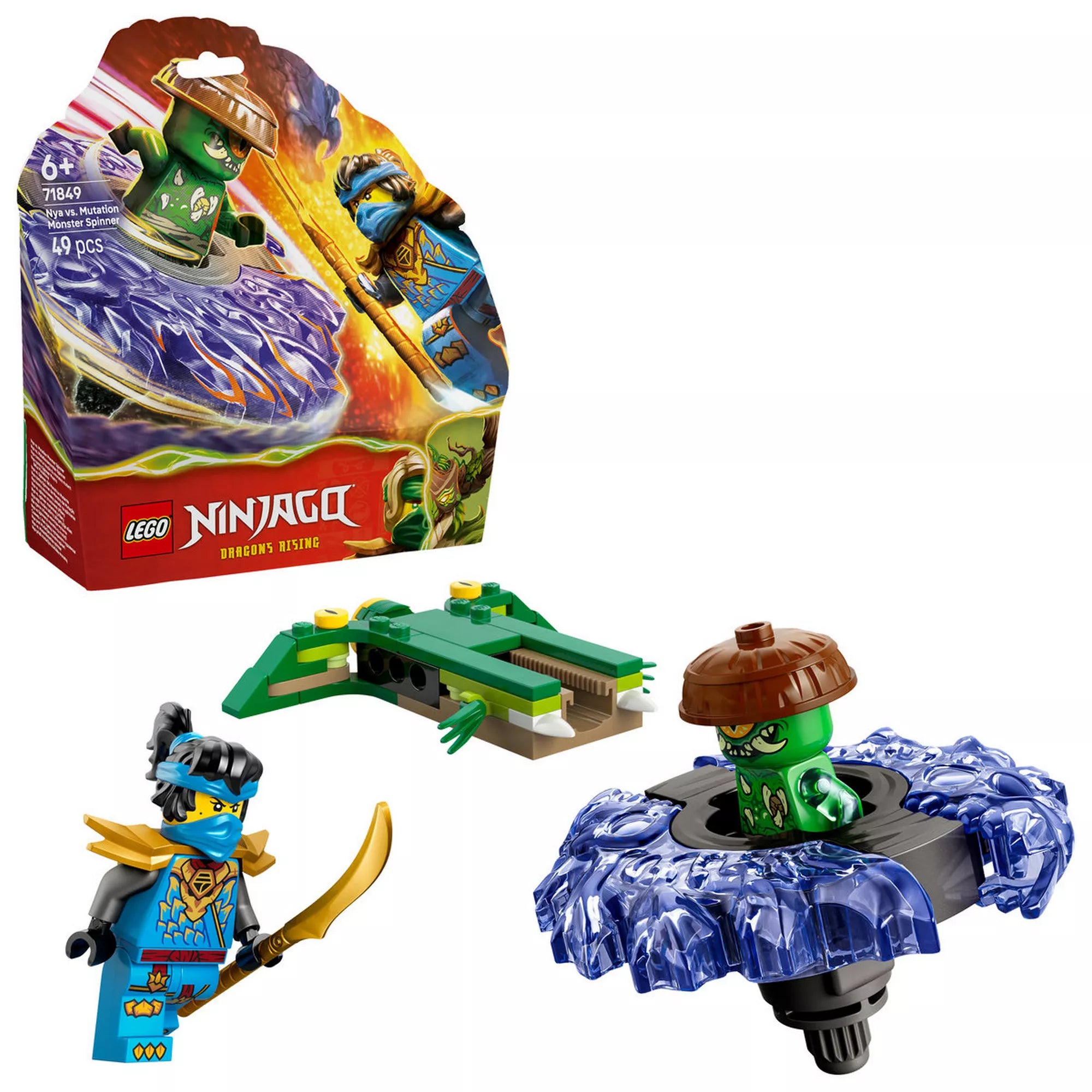 LEGO NINJAGO Nya vs. Mutation Monster Spinner (71849) teljes készlet, dobozzal, minifigurákkal, spinnerrel és kiegészítő elemekkel.
